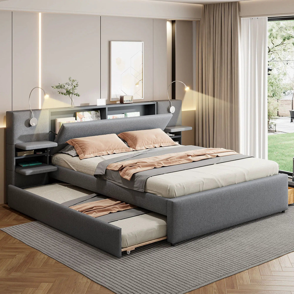 Upholstered Platform Bed | Reading Lights | Drawers And Trundle | Storage Shelves