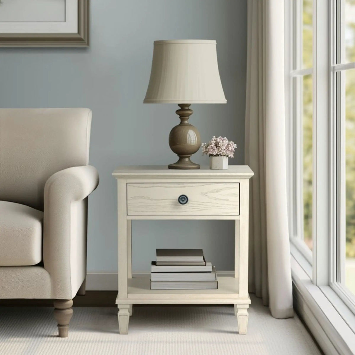 Victoria Bedside Table | Aged Brown Oak Finish | Drawer And Open Shelf | Wire Brush Detail