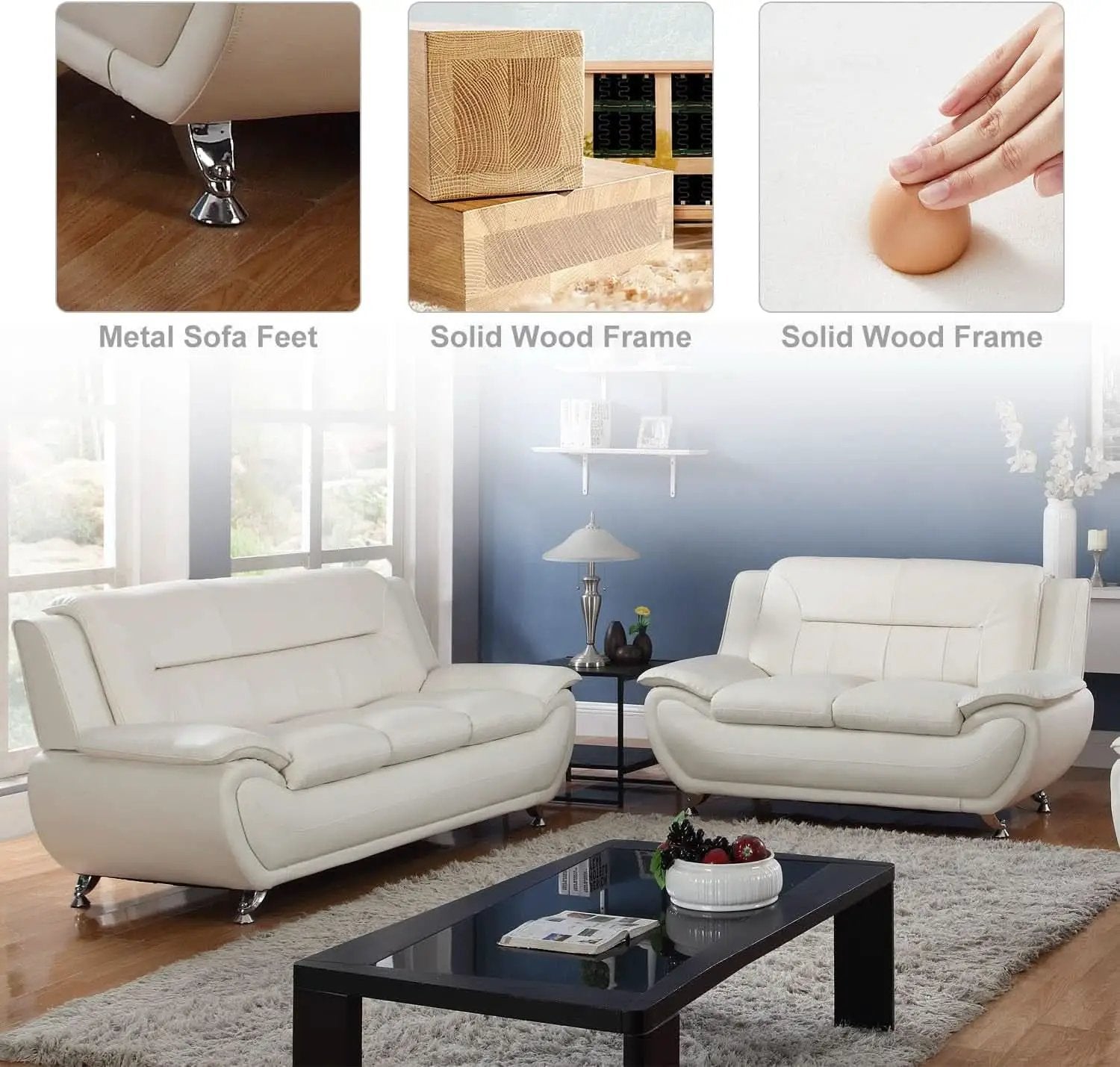 Cream White 2 Piece Faux Leather Sofa Set Living Room from PriceLows™