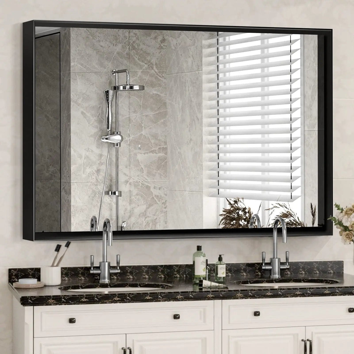 Rectangular Bathroom Mirror | Square Angle Metal Frame | Floating Glass Design | Beveled Edge