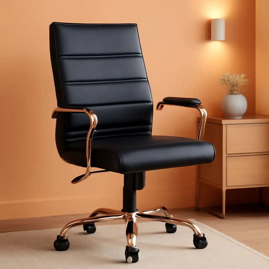 Desk Chair | High Back Swivel Design | LeatherSoft Finish Upholstery | Rose Gold Accents