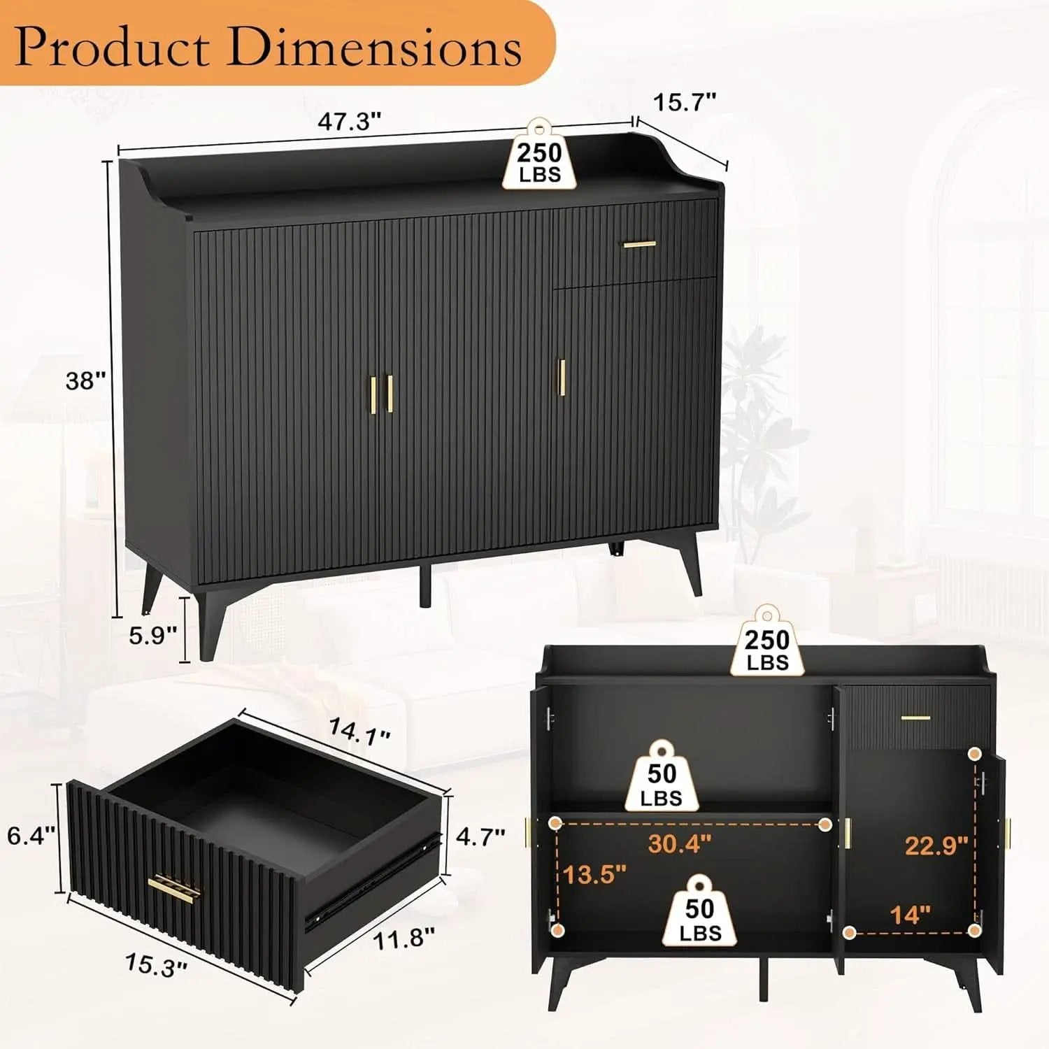 Black 47In Sideboard Cabinet For Dining Room Storage from PriceLows™