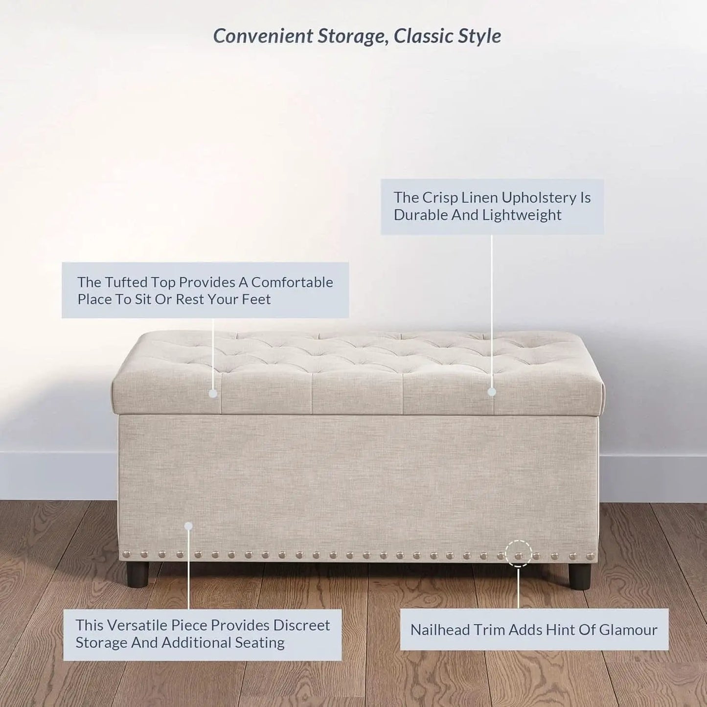 Rectangular Thirty Five Inch Beige Tufted Storage Ottoman Upholstered from PriceLows™