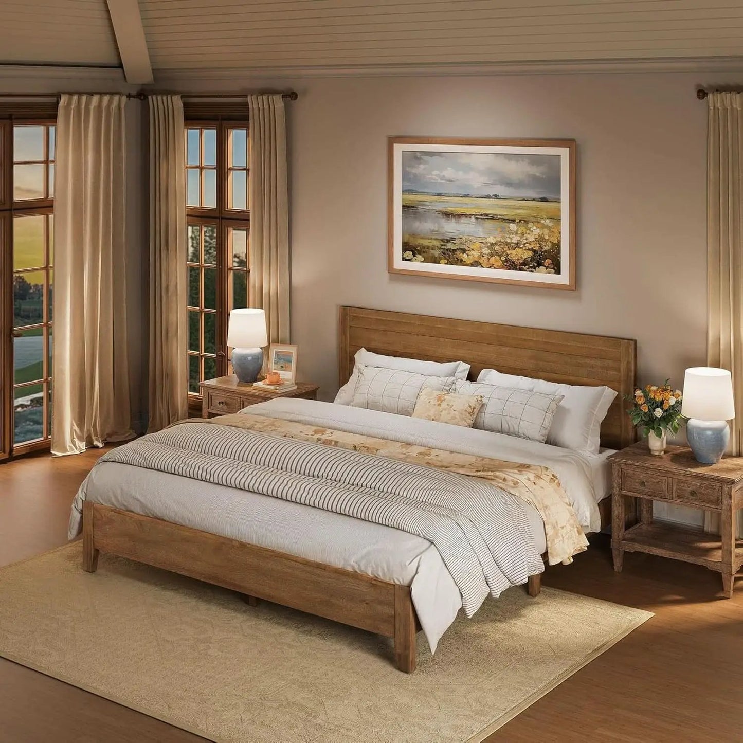 King Size Acacia Wood Platform Bed Frame With Headboard from PriceLows™