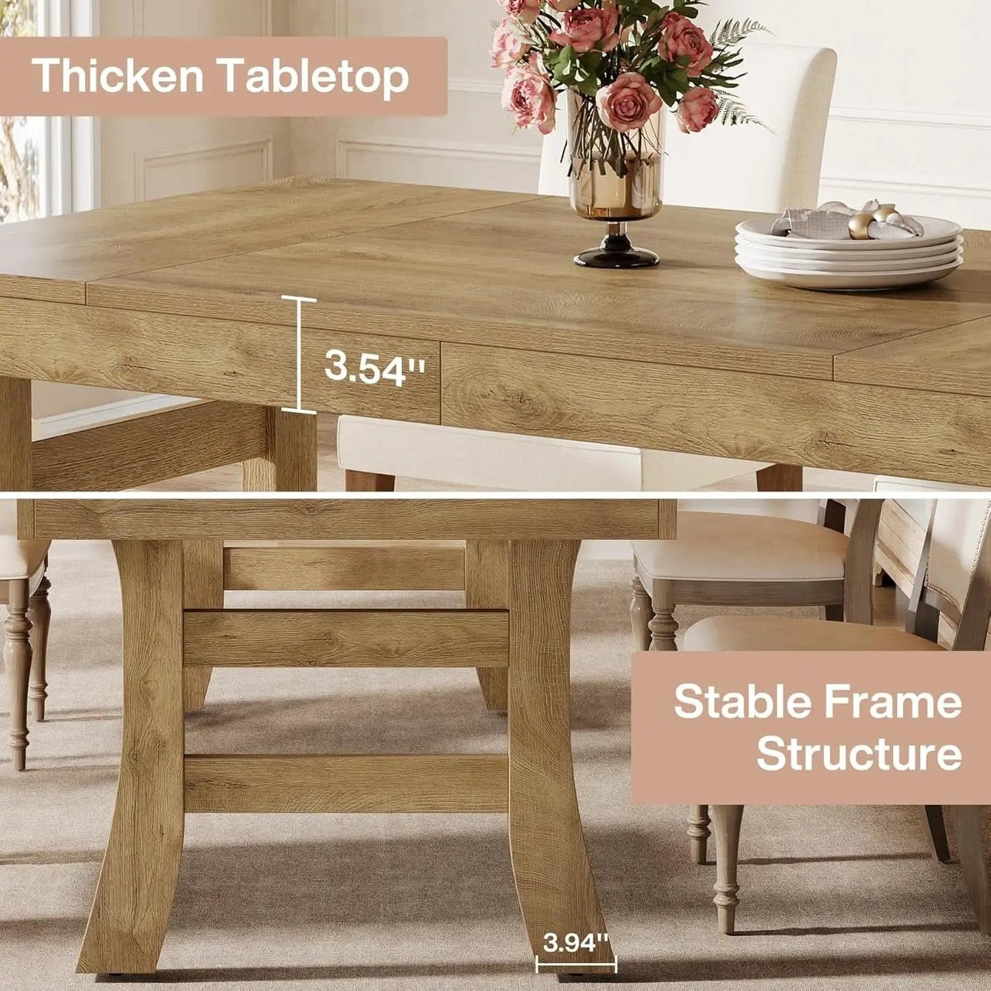 63 Inch Farmhouse Rectangular Wood Dining Table Kitchen from PriceLows™