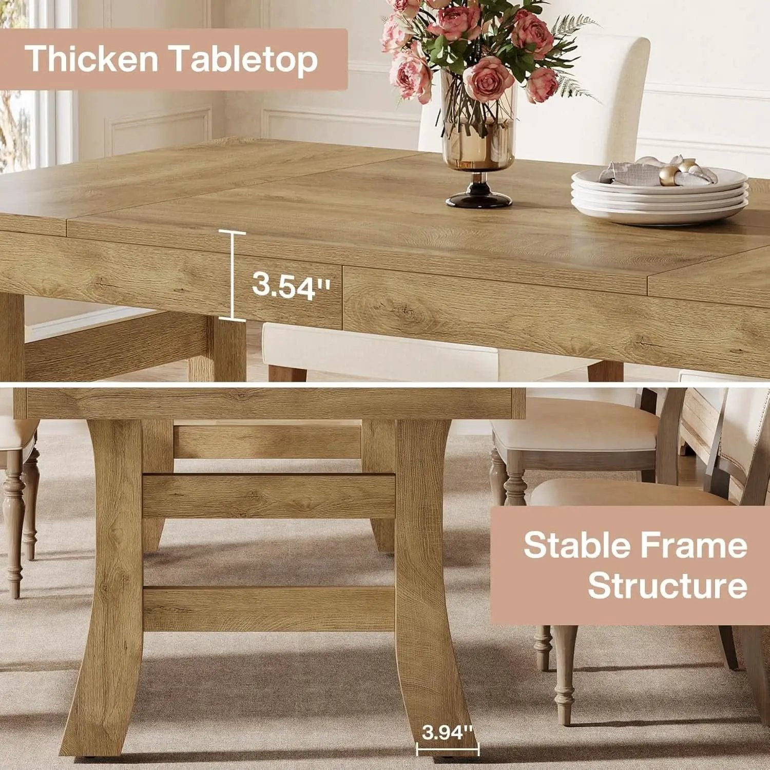 63 Inch Farmhouse Rectangular Wood Dining Table Kitchen from PriceLows™
