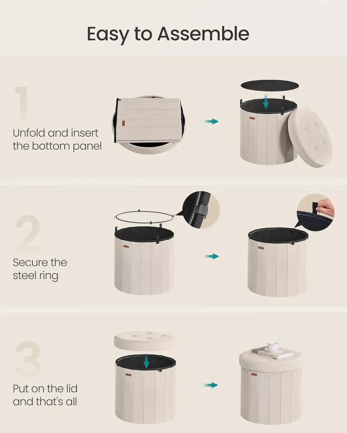 Round Folding Storage Ottoman Cappuccino Beige Velvet from PriceLows™