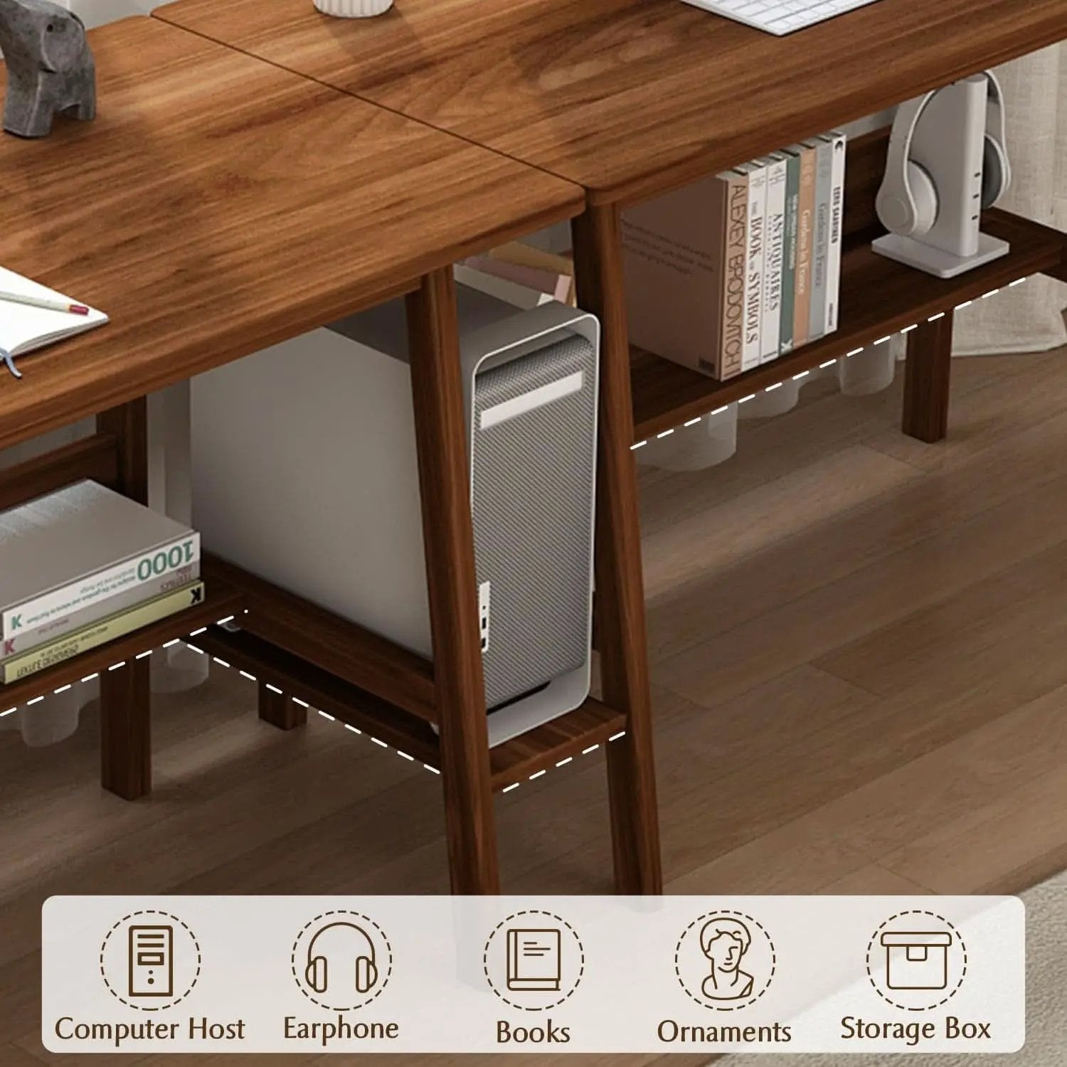 Two Person Desk Walnut 79 Inch Extended Workstation Shelves from PriceLows™