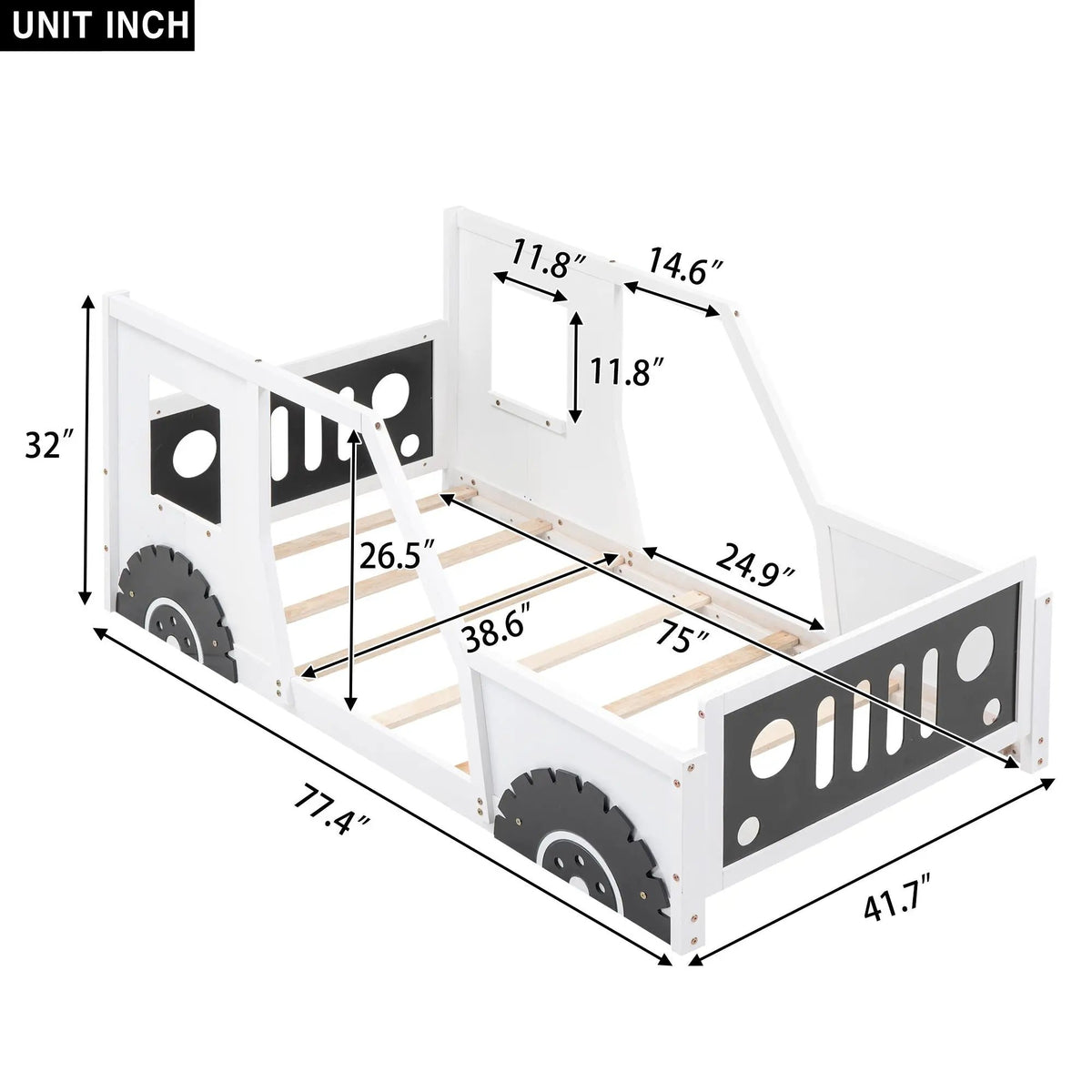 Car Shaped Platform Bed | Solid Pine Wood | Decorative Wheels