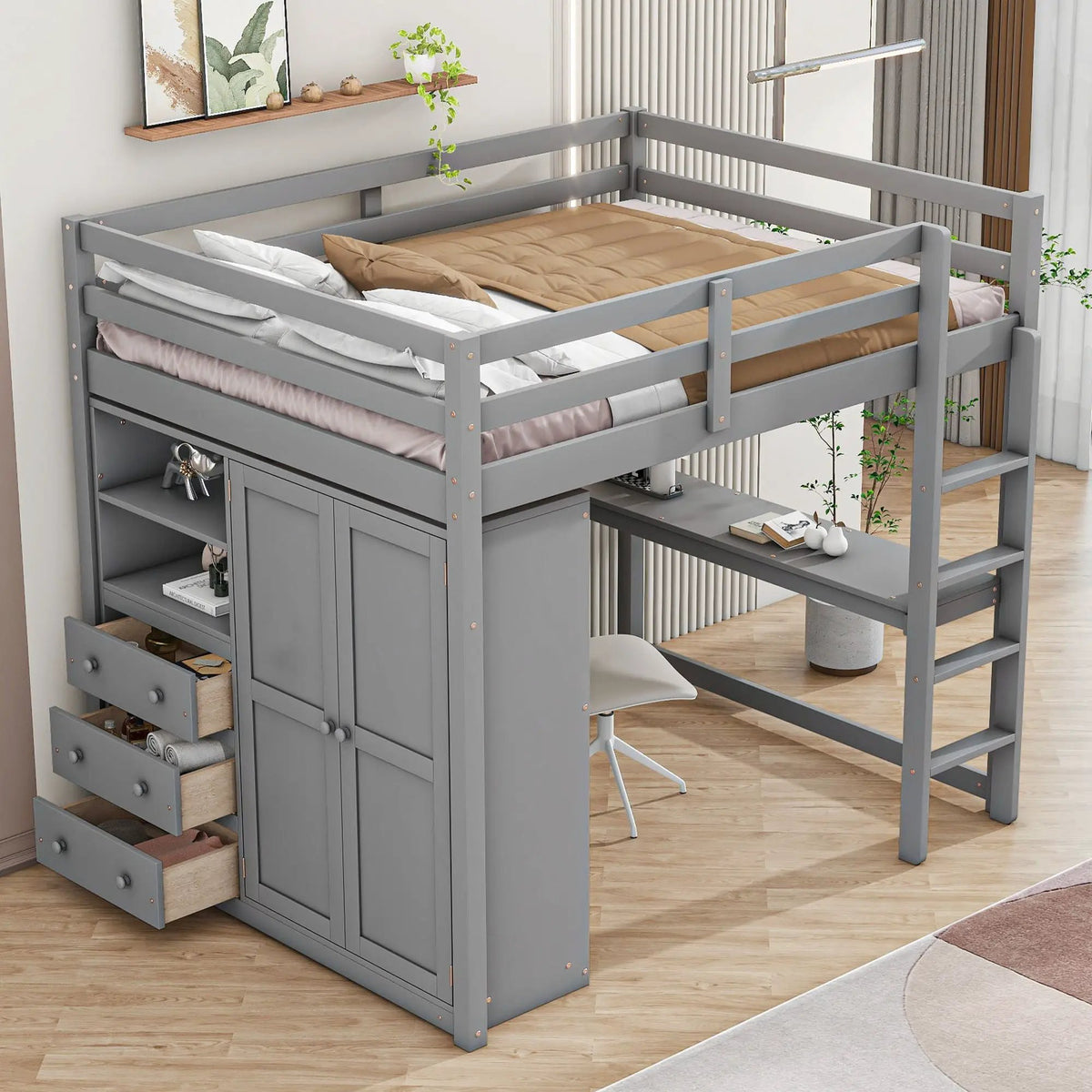 Loft Bed With Wardrobe | Built-In Desk | Two-Tier Shelves | Three Large Drawers