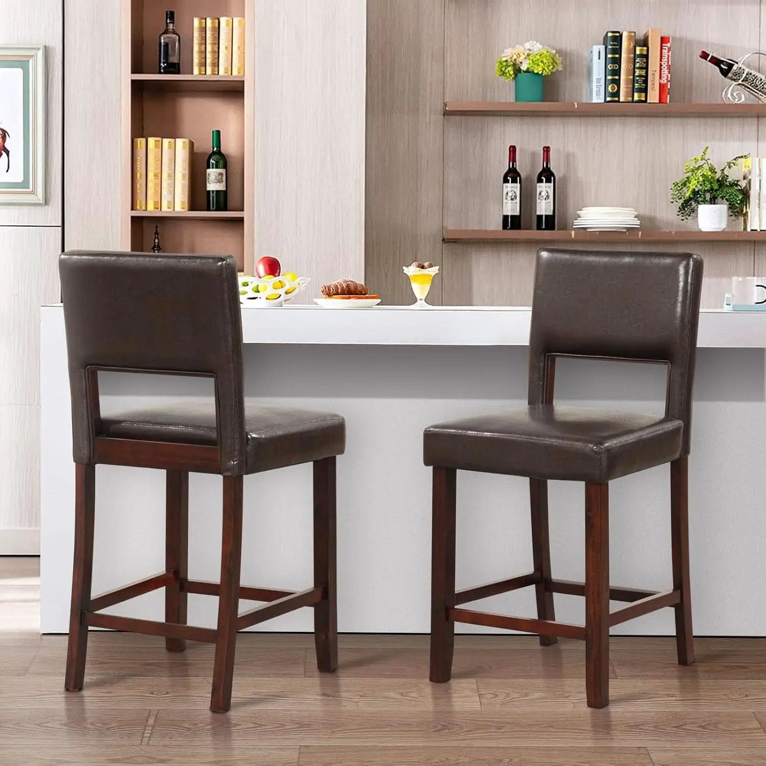 Counter Height Bar Stools Set Of Two, Twenty Four Point Five Inch, Brown Upholstered PVC Leather from PriceLows™