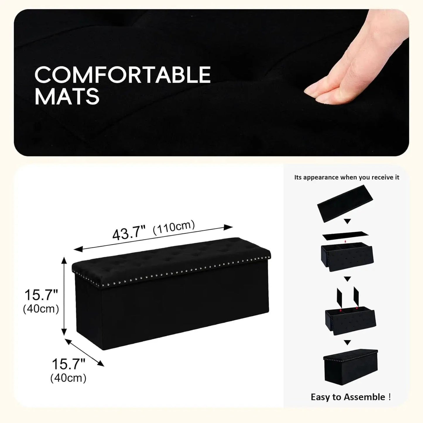 Jet Black Storage Ottoman Bench Seat 43.3 Inch Length from PriceLows™