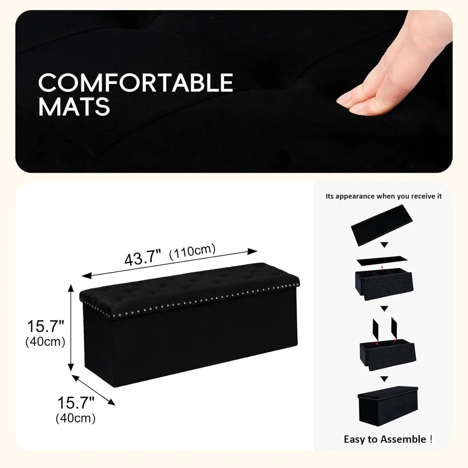 Jet Black Storage Ottoman Bench Seat 43.3 Inch Length from PriceLows™
