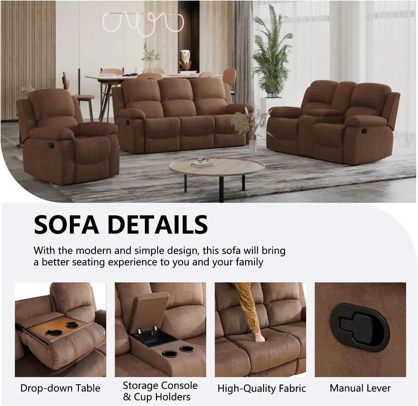 Manual Recliner Sofa Set In Brown Microfiber 3 Piece from PriceLows™