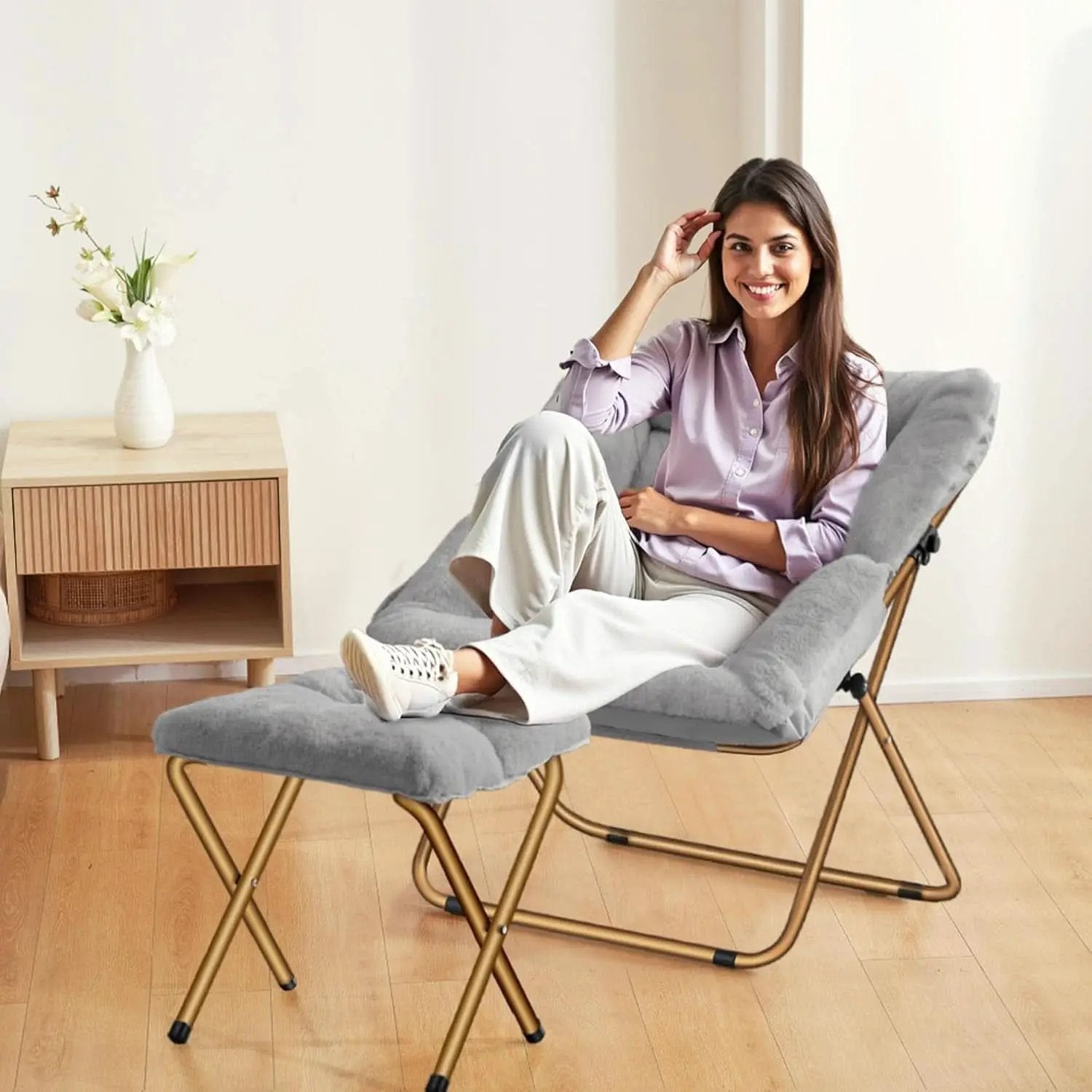 Extra Large Grey Ultrasoft Faux Fur Saucer Chair Foldable from PriceLows™