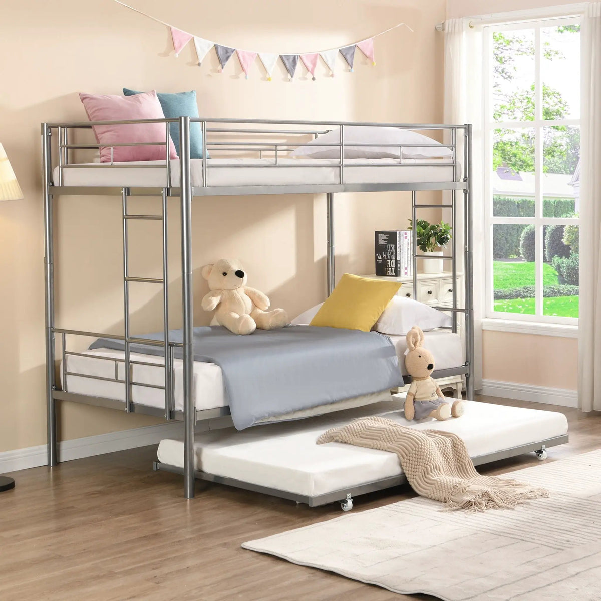 Bunk Bed With Trundle | Heavy Duty Steel | Space Saving | Twin Top