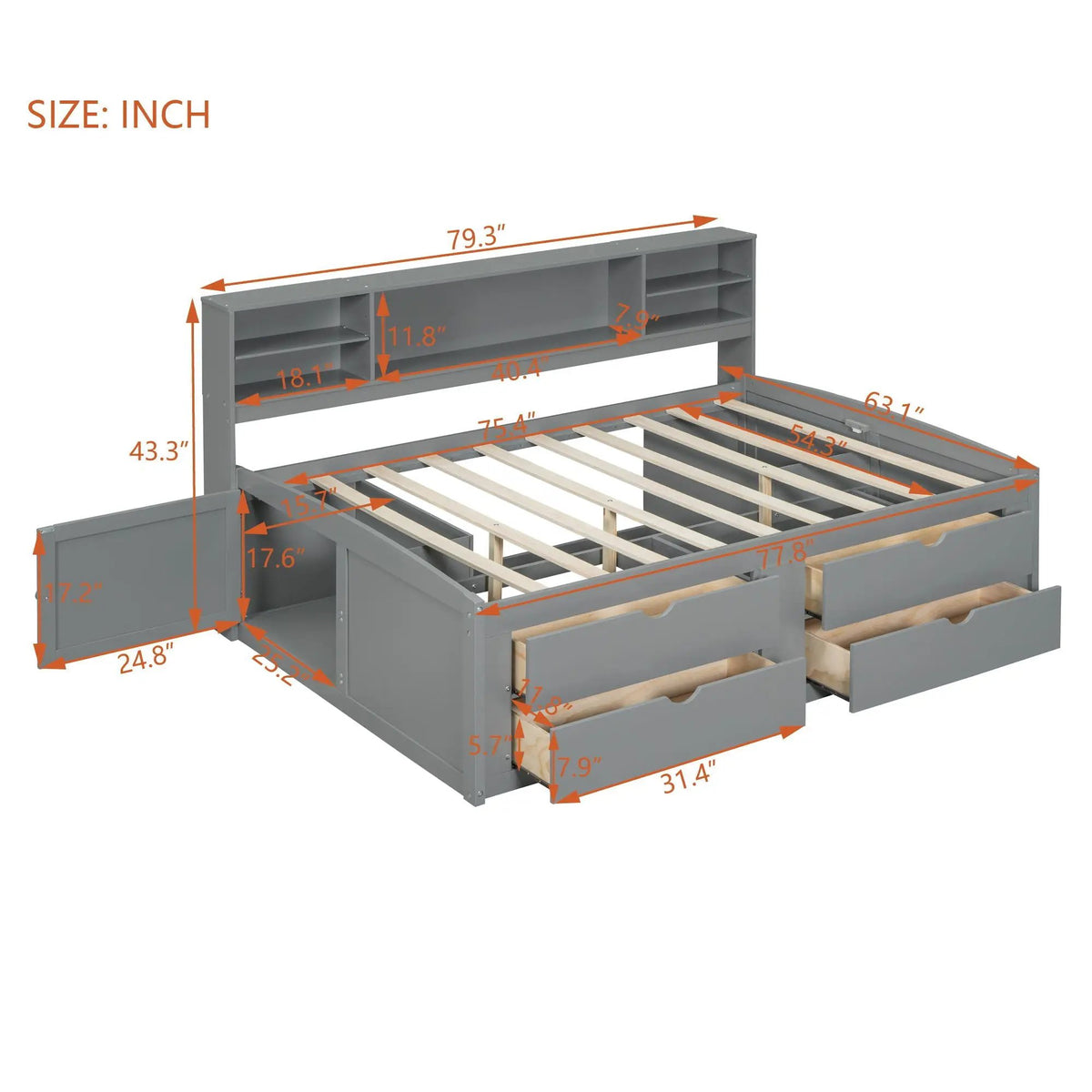 Daybed With Storage | 2 Bedside Cabinets | Upper Shelves | 4 Drawers