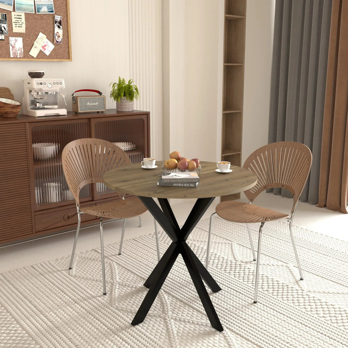 Round Dining Table | Industrial Metal Base | Rustic Brown Top | 31.5 Inch