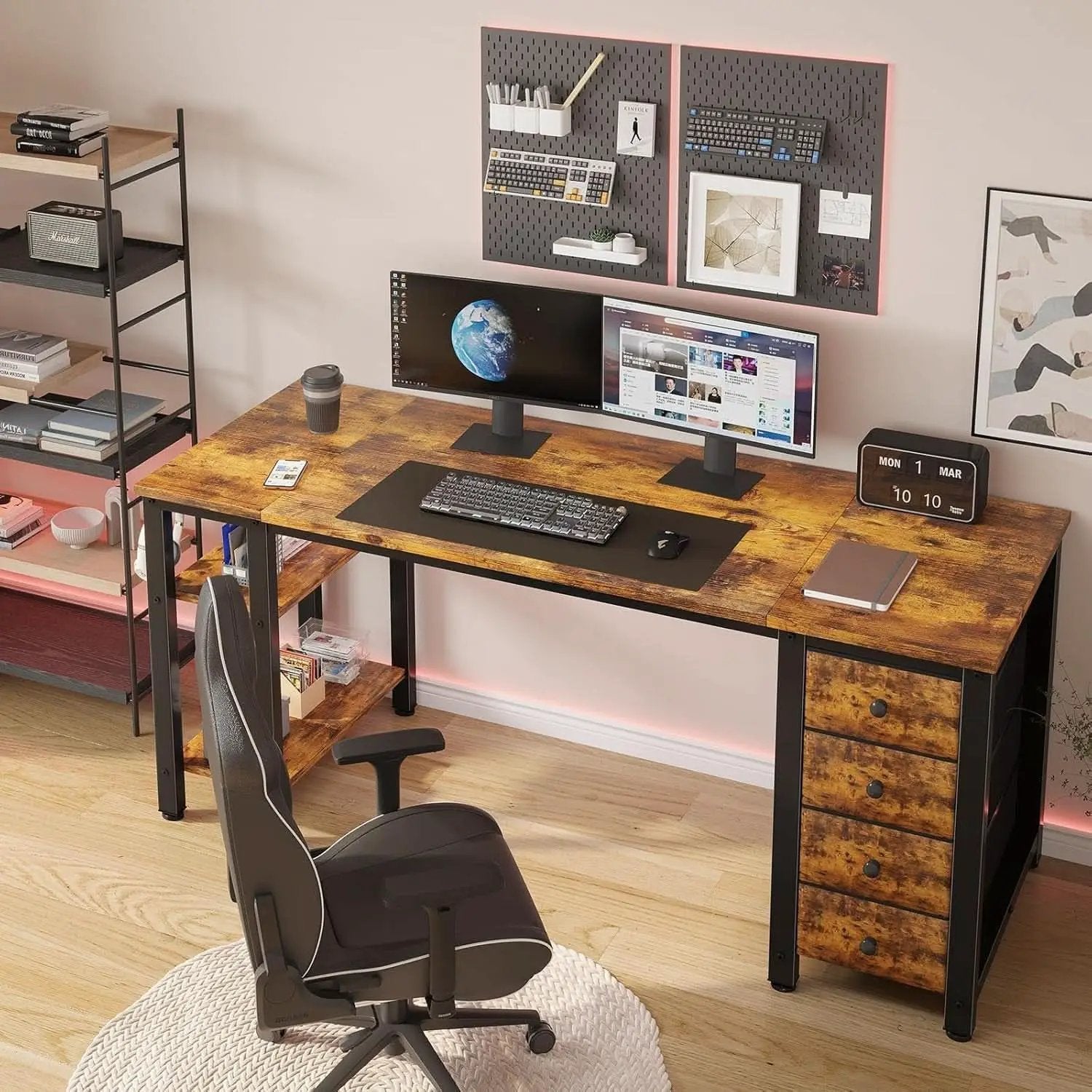 55 Inch Rustic Brown Computer Desk With 4 Fabric Drawers from PriceLows™