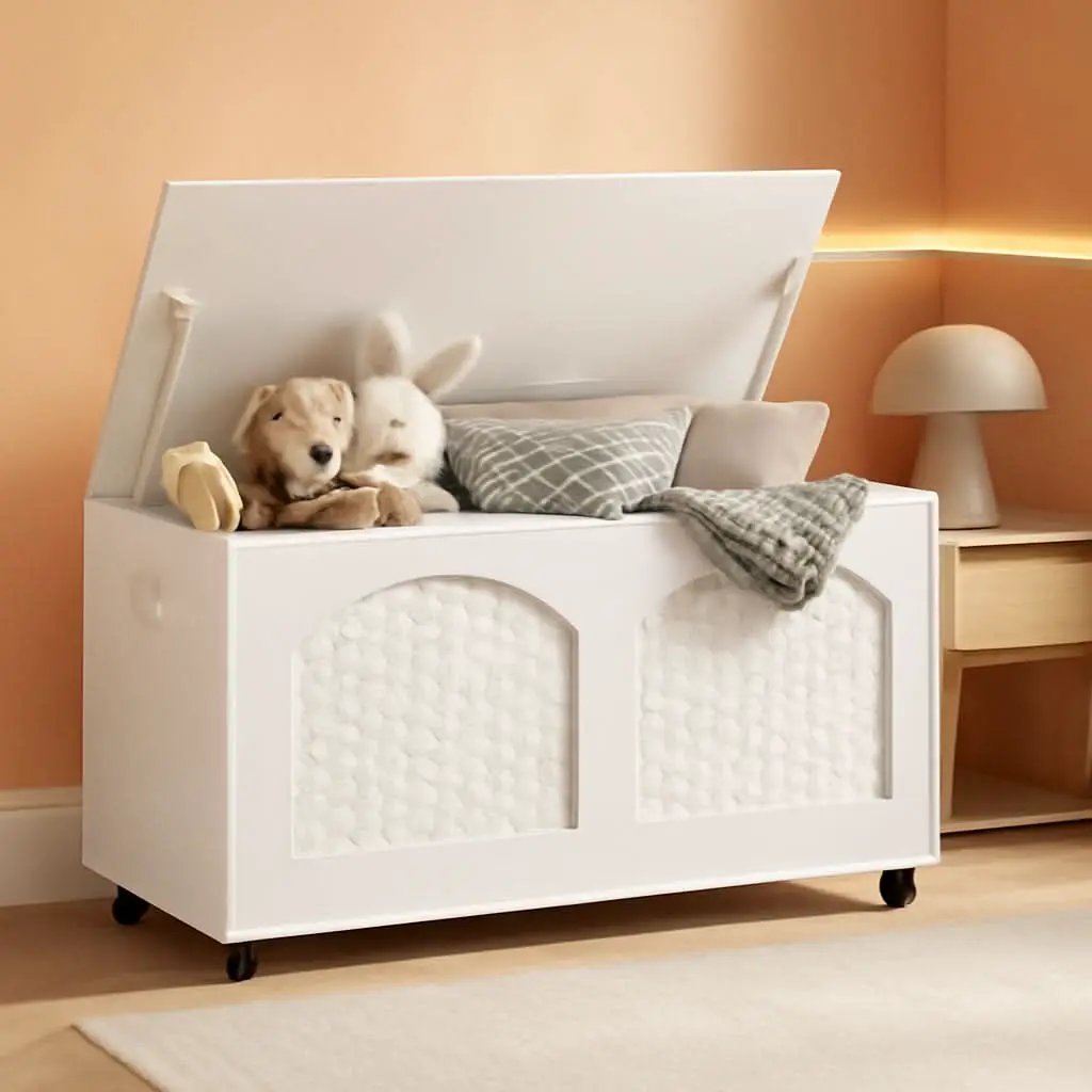 White Wooden Storage Bench On Wheels from PriceLows™
