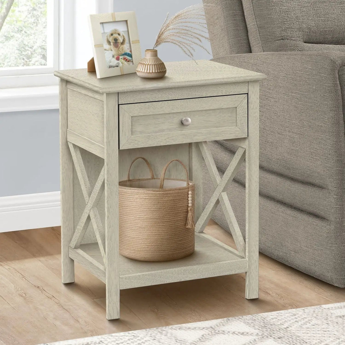 2-Tier Accent End Table | 25 Inch Height | Paneled Storage Drawer | Transitional Style