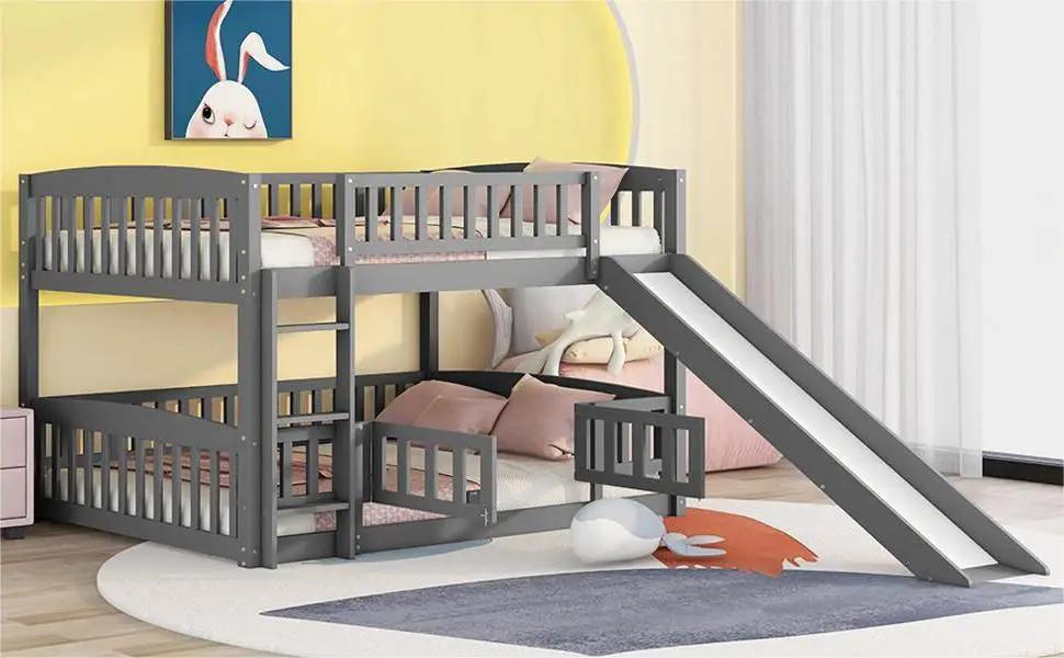 Low Bunk Bed With Slide | Fence And Ladder | Built-In Play Area | Kids Bedroom