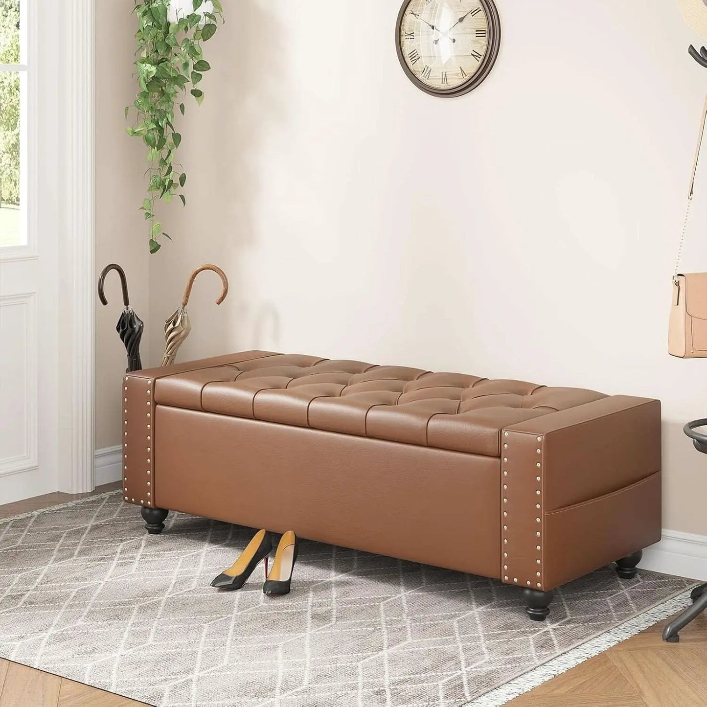 49 Inch Upholstered Storage Ottoman Bench Espresso Brown from PriceLows™
