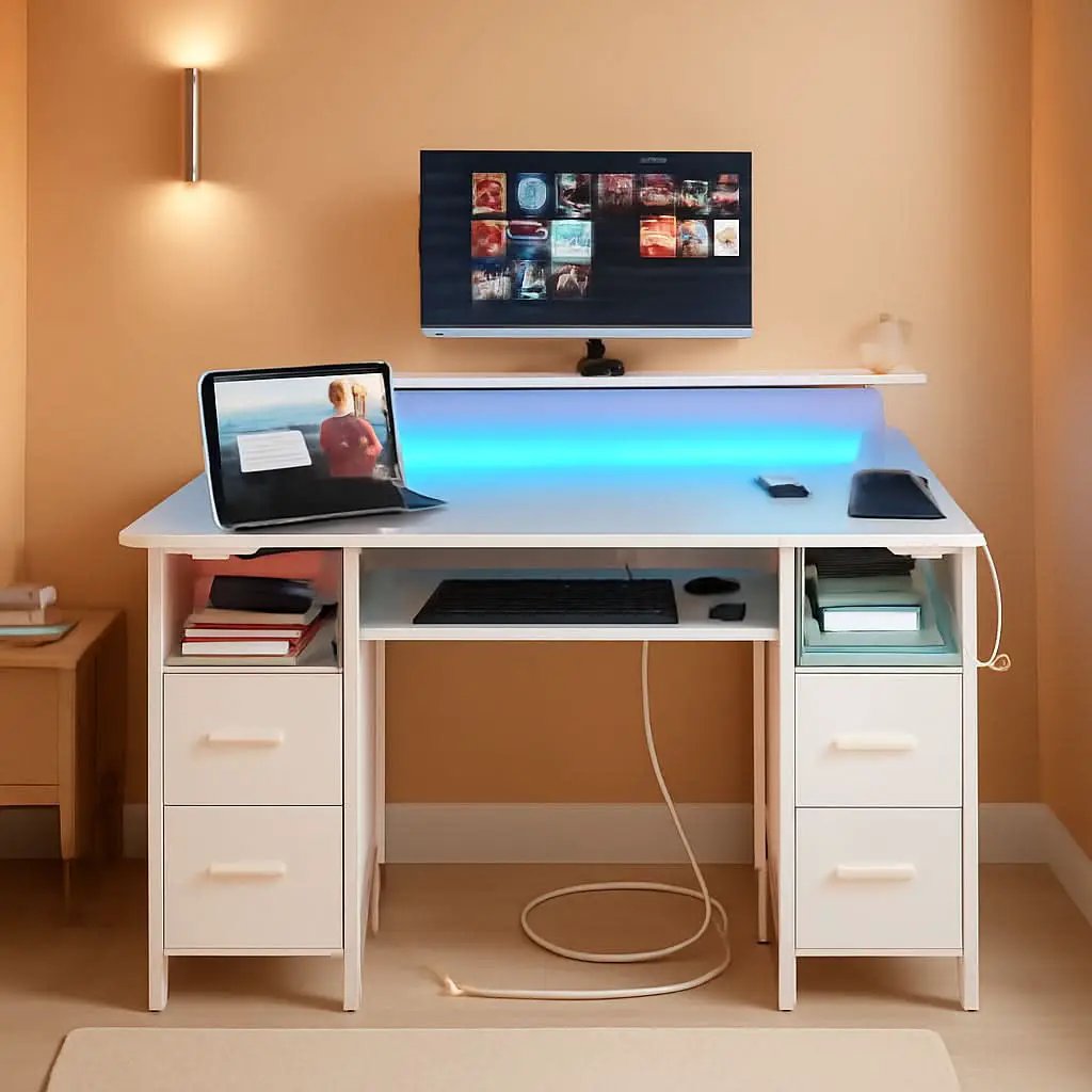 47.2 Inch White LED Desk With Power Outlets And Drawers from PriceLows™