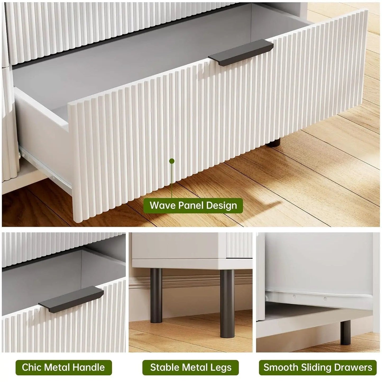 White Fluted Contemporary Dresser With Stainless Legs from PriceLows™
