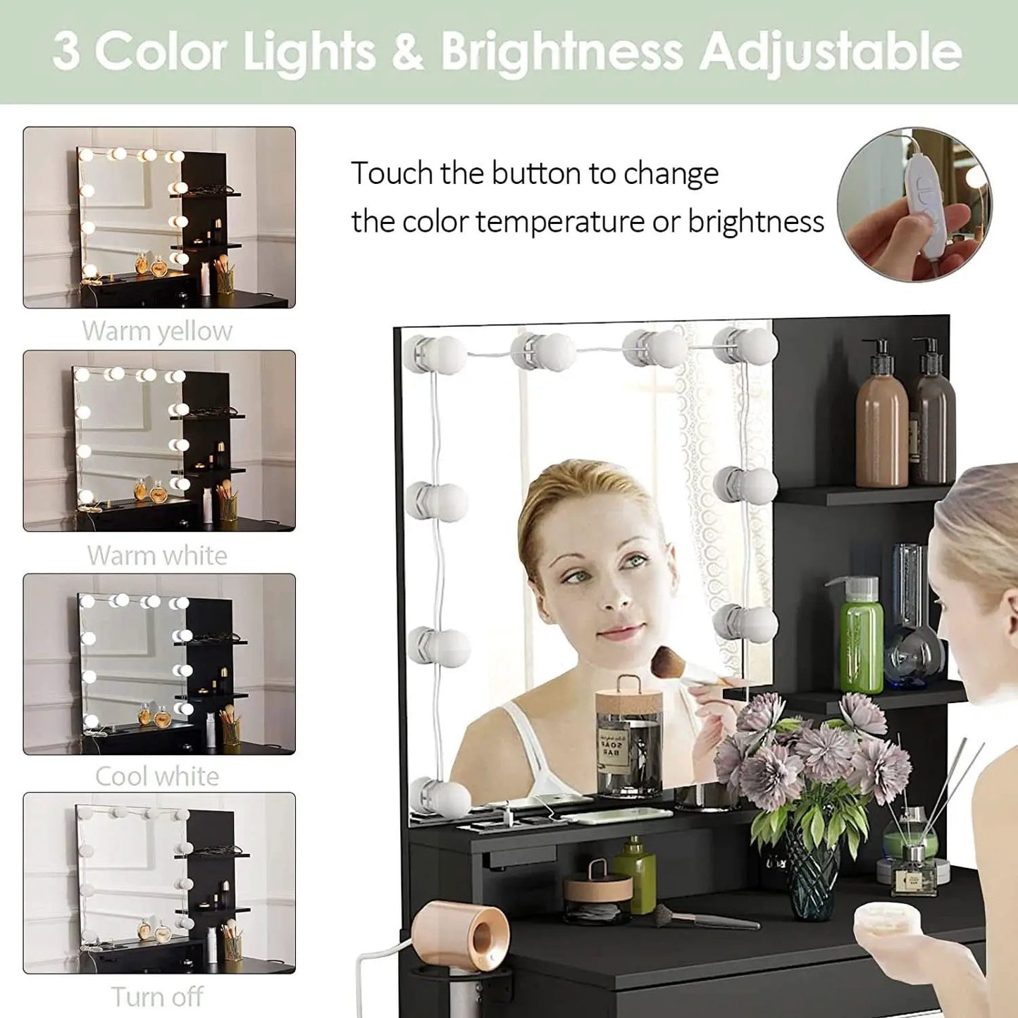 Black Makeup Vanity Table With Lighted Mirror And USB Ports from PriceLows™