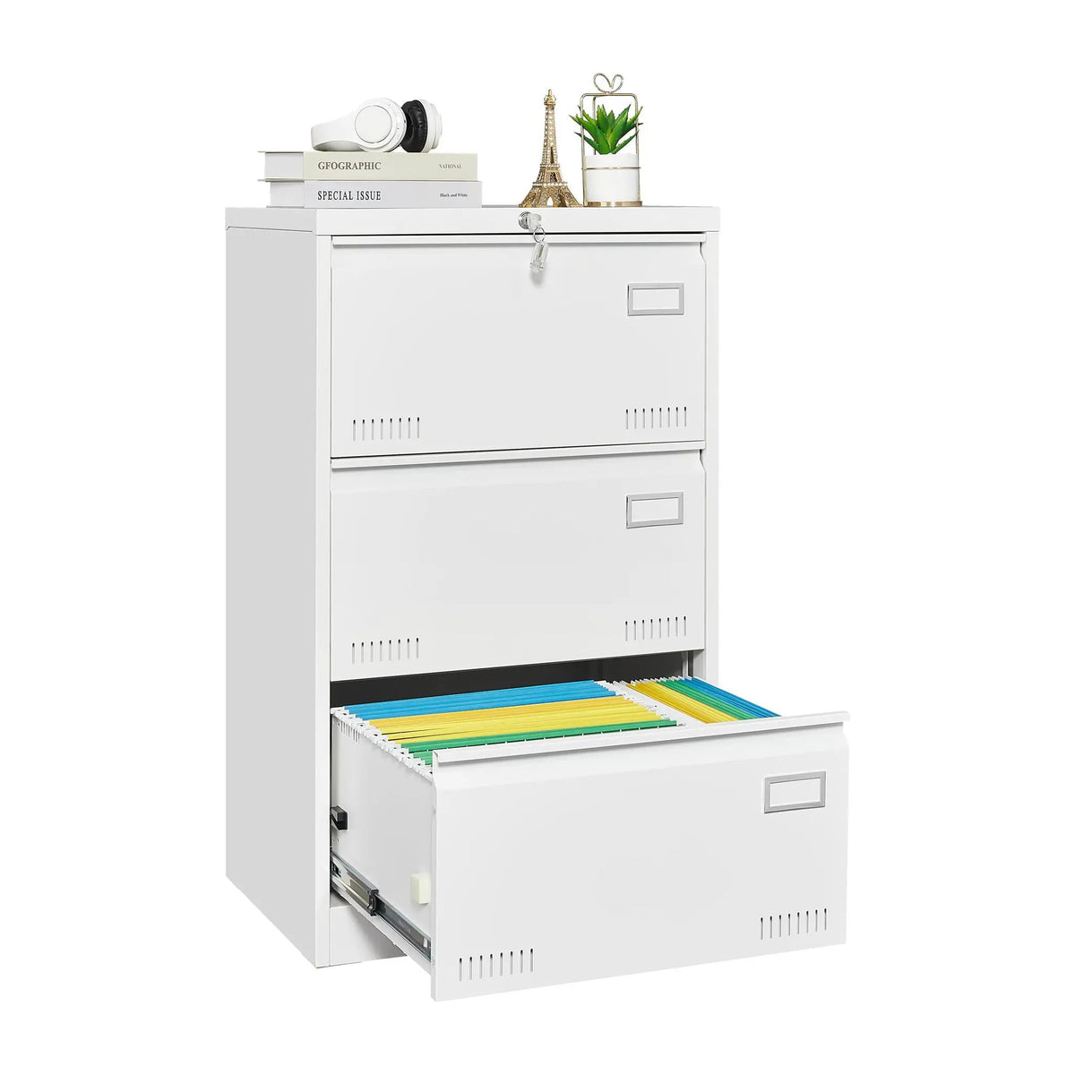 Lateral File Cabinet | 3 Drawer Locking Metal | Widened Drawers | 40 Inch Height