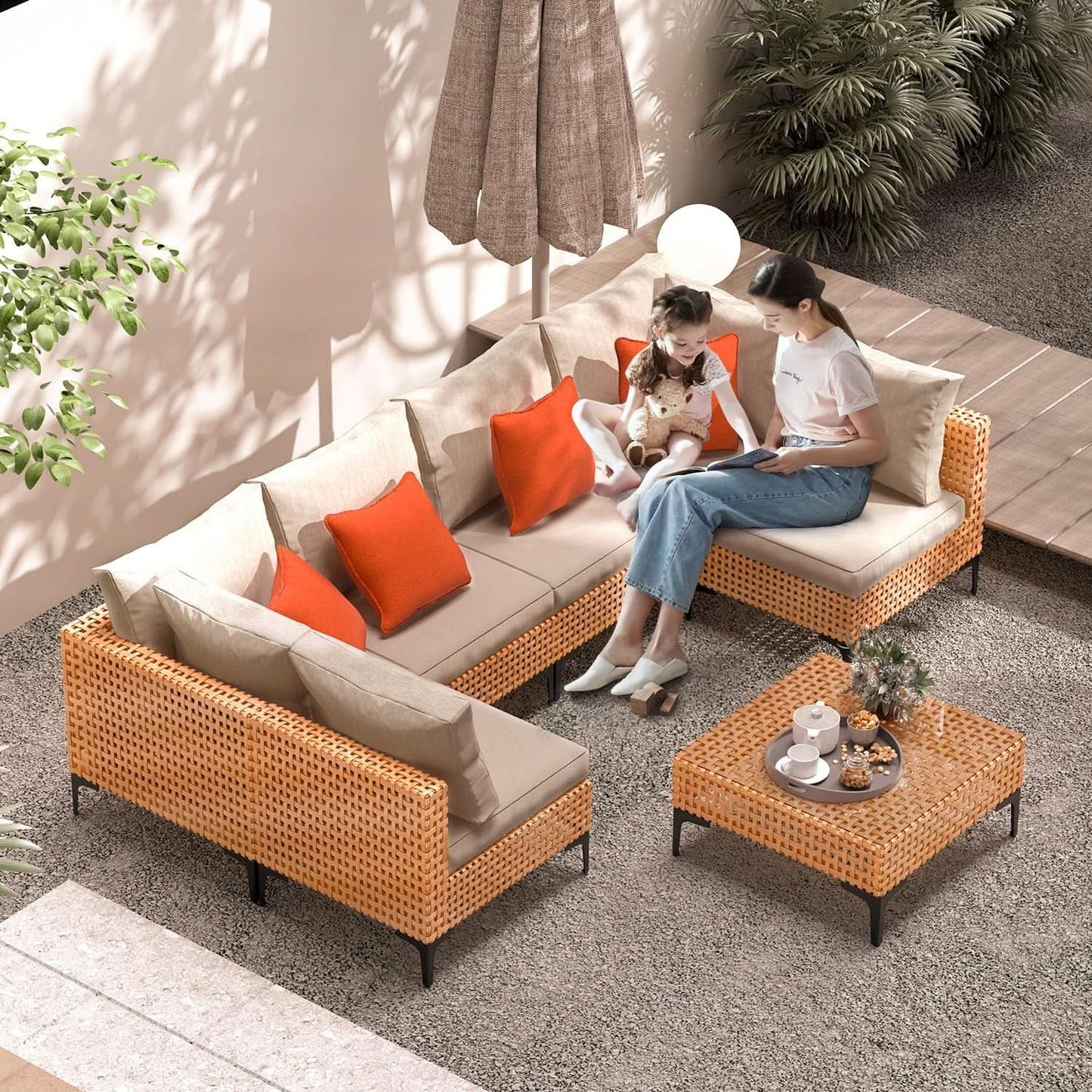 5 Piece Outdoor Patio Set Sectional Sofa Salmon Orange from PriceLows™