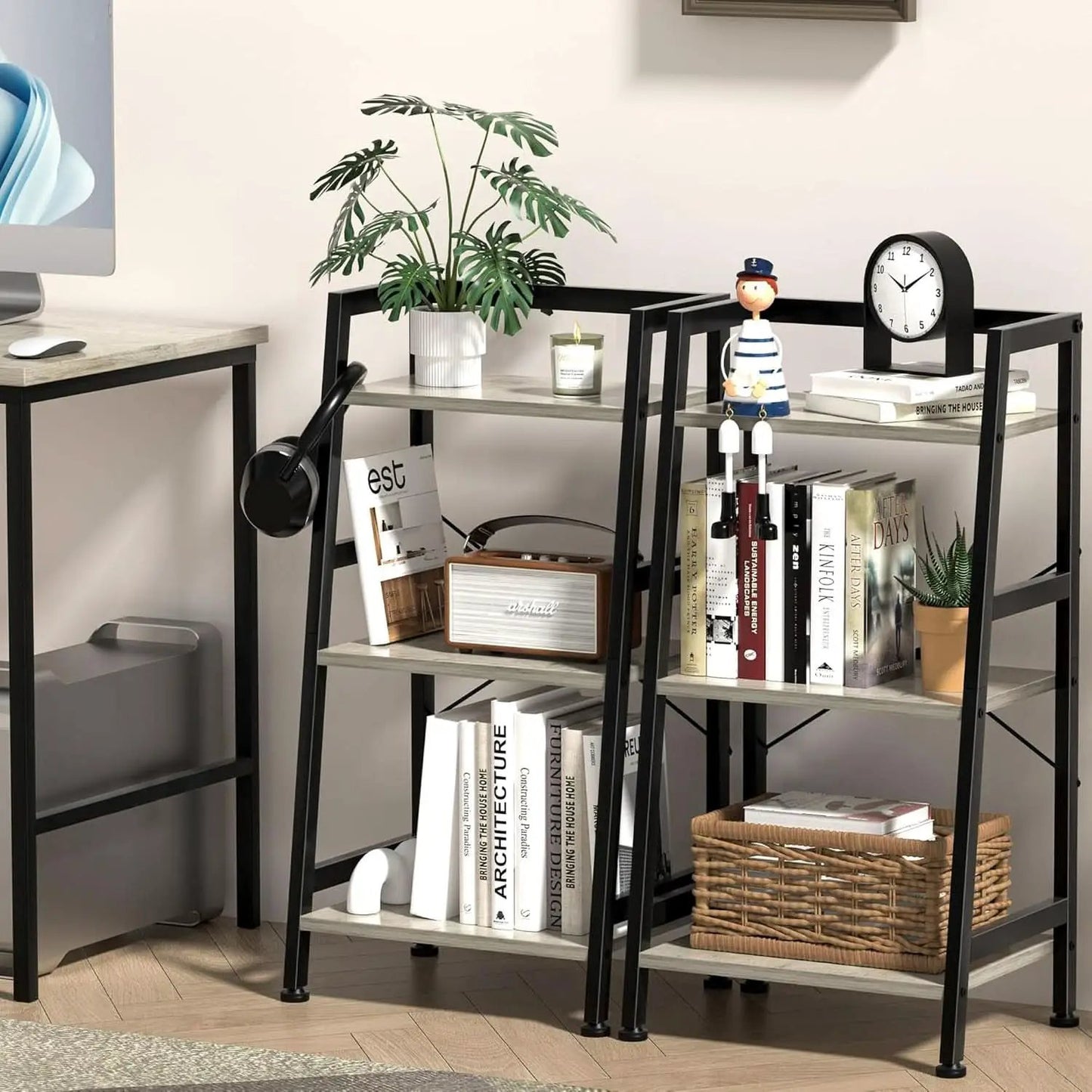 3-Tier Ladder Bookshelf With Steel Frame Greige Black from PriceLows™