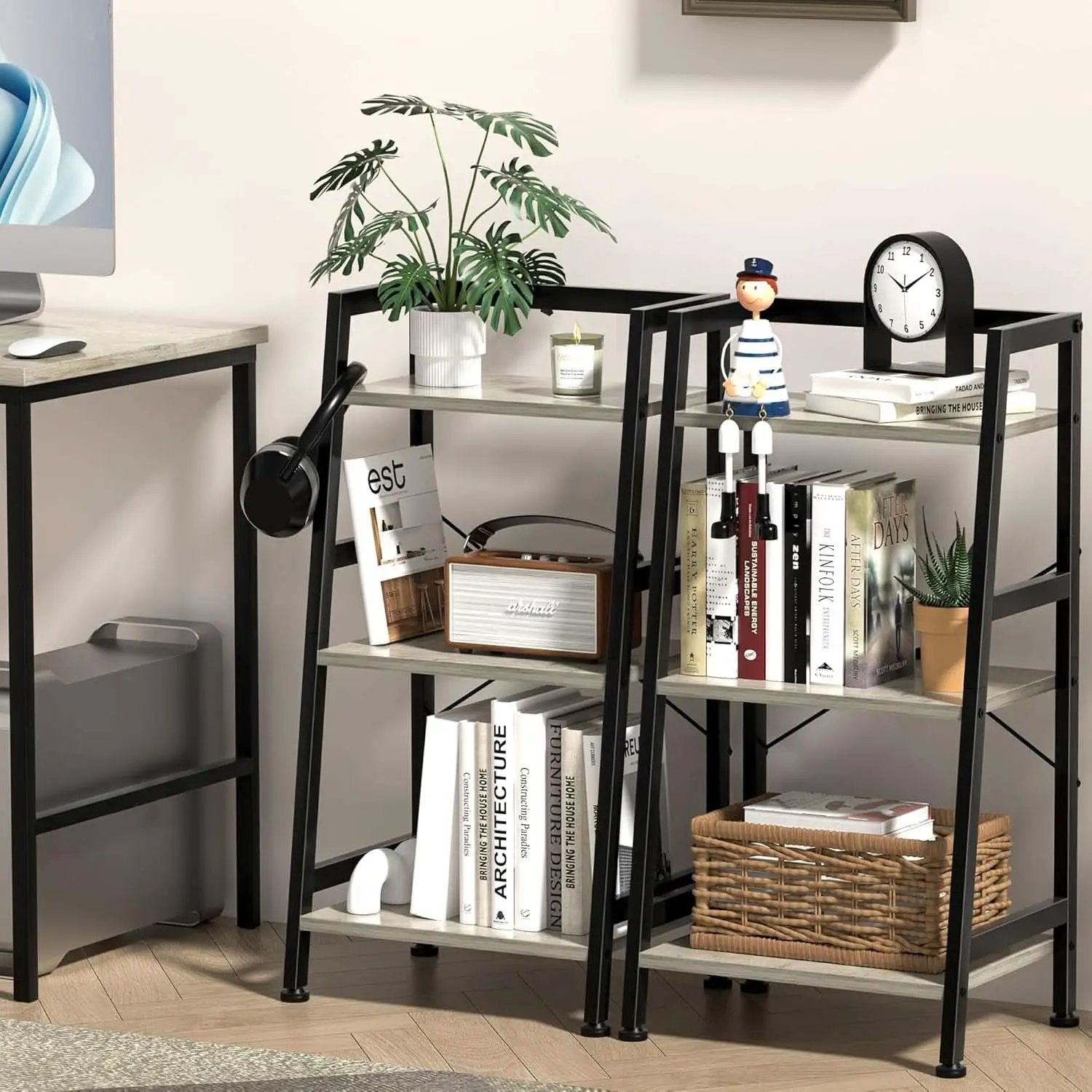 3-Tier Ladder Bookshelf With Steel Frame Greige Black from PriceLows™