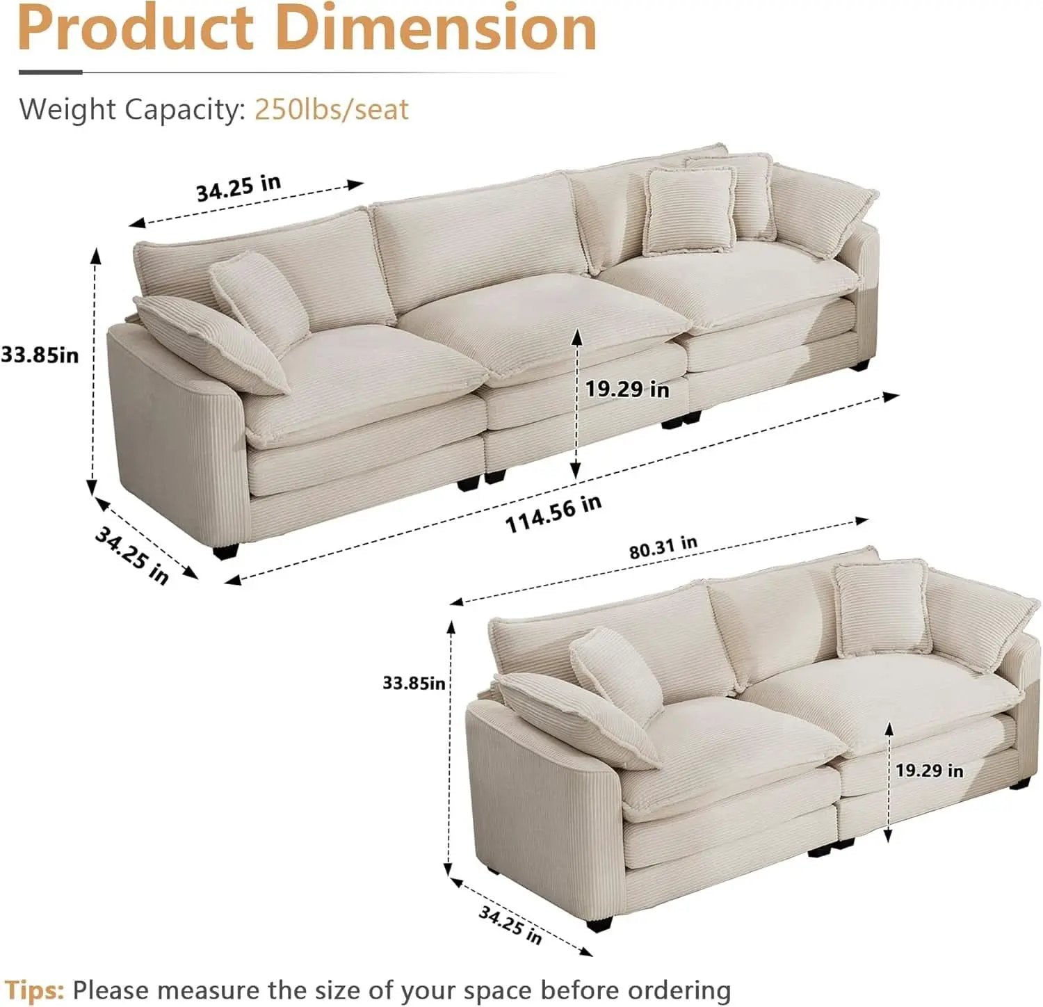 Oversized 2 Piece Sofa Set Beige 3 Seater And Loveseat from PriceLows™
