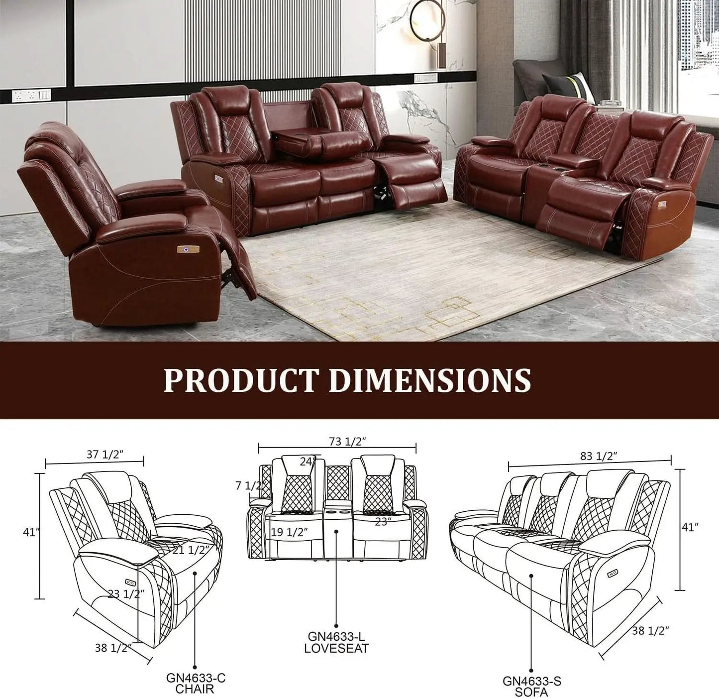 Power Reclining Leather Sofa Set With USB Ports Burgundy from PriceLows™