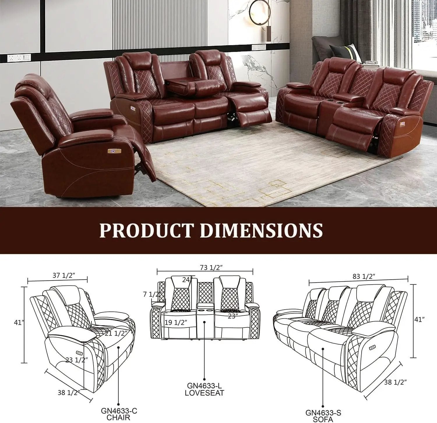 Power Reclining Leather Sofa Set With USB Ports Burgundy from PriceLows™