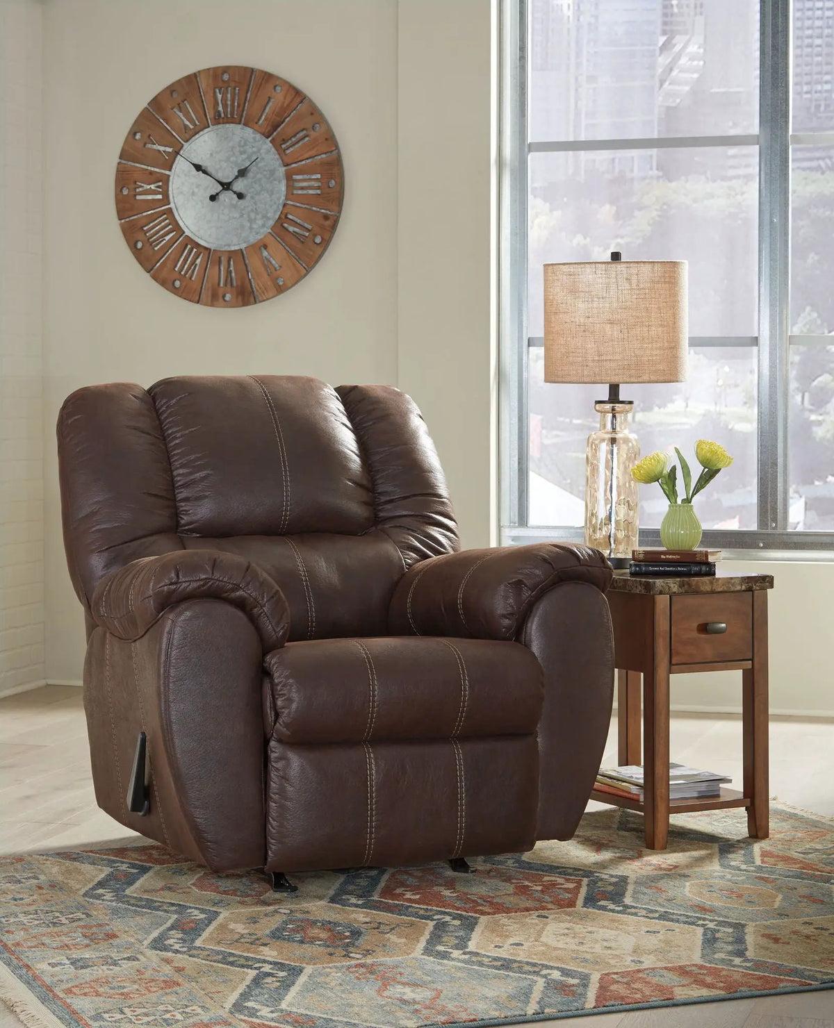 McGann Rocker Recliner | Leather Look Fabric Feel | Jumbo Stitching | Thick Cushioning