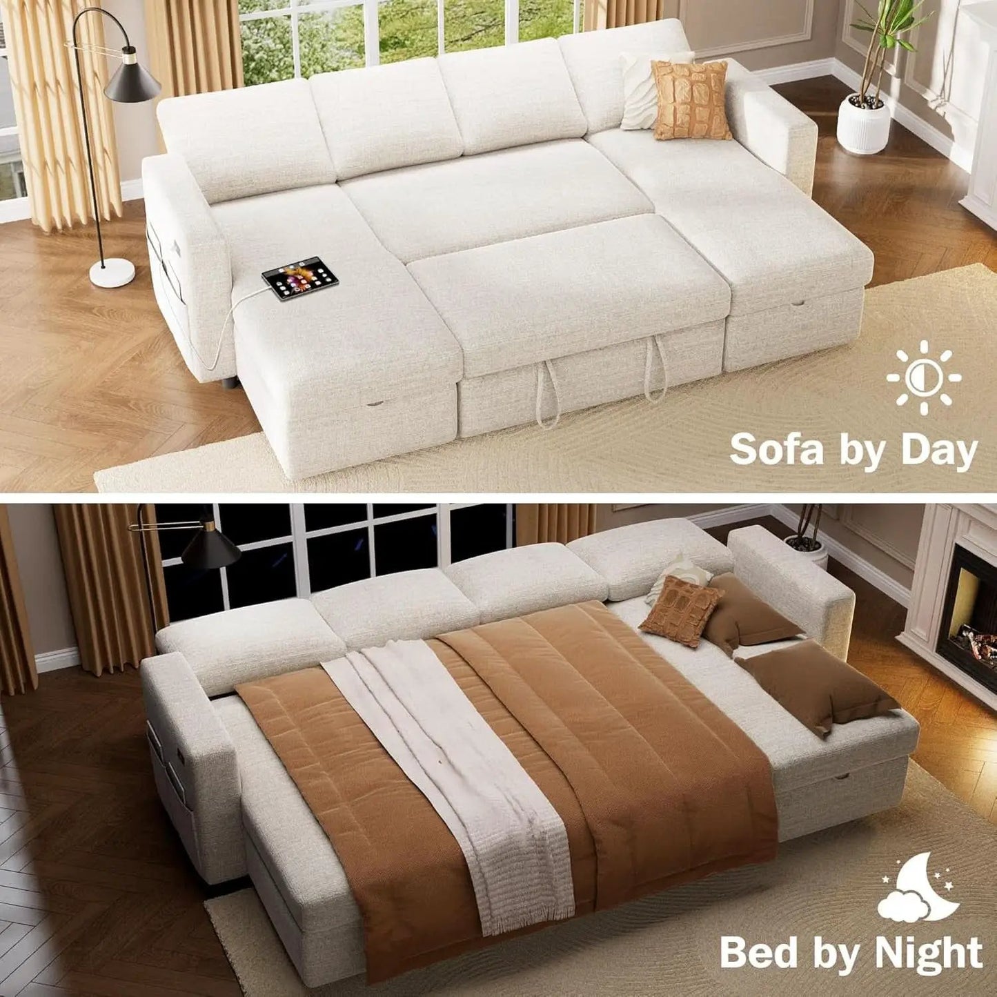 105Inch UShaped SectionalSofa With Pullout Bed Beige from PriceLows™