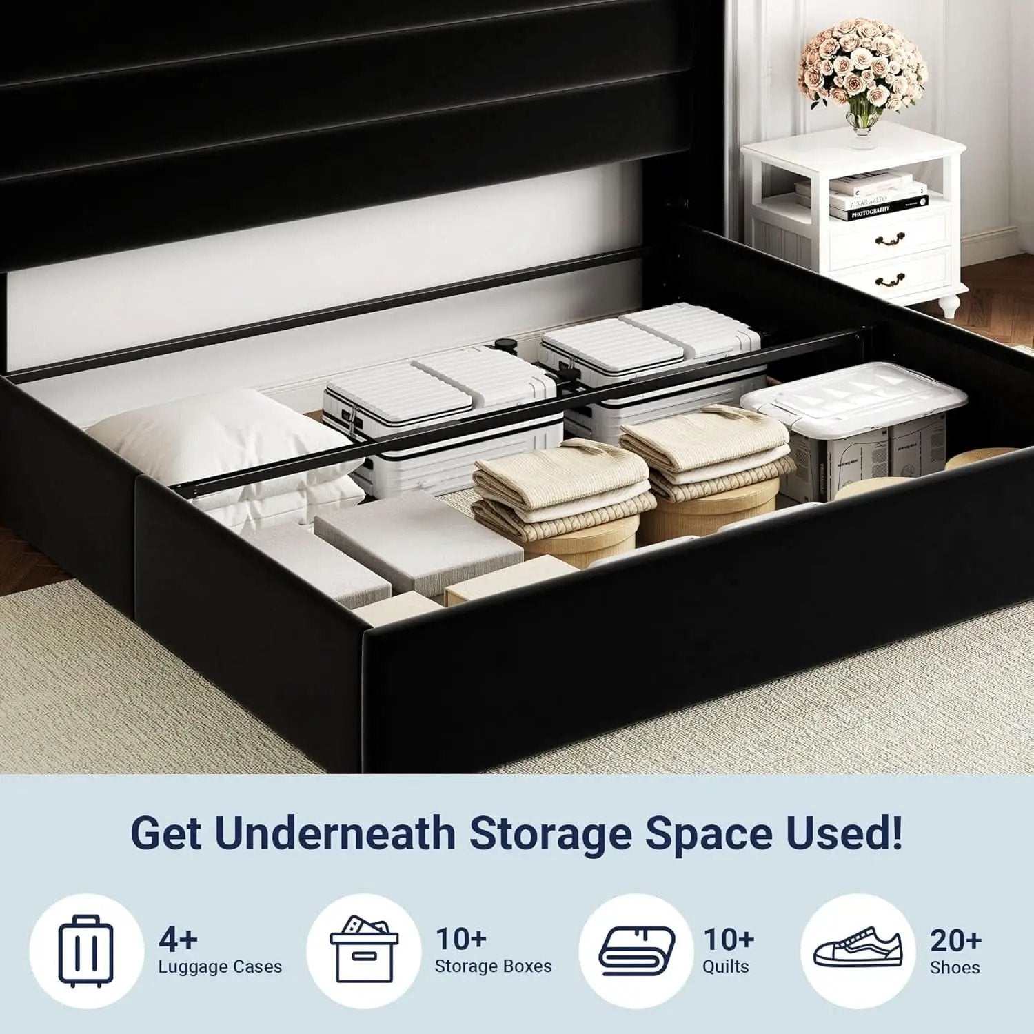 King Size Black Velvet Storage Bed With Hydraulic Lift from PriceLows™