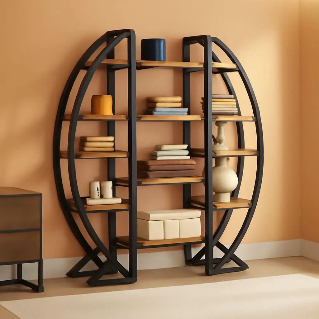 Oval 55 Inch Brown Industrial Display Etagere Bookcase from PriceLows™