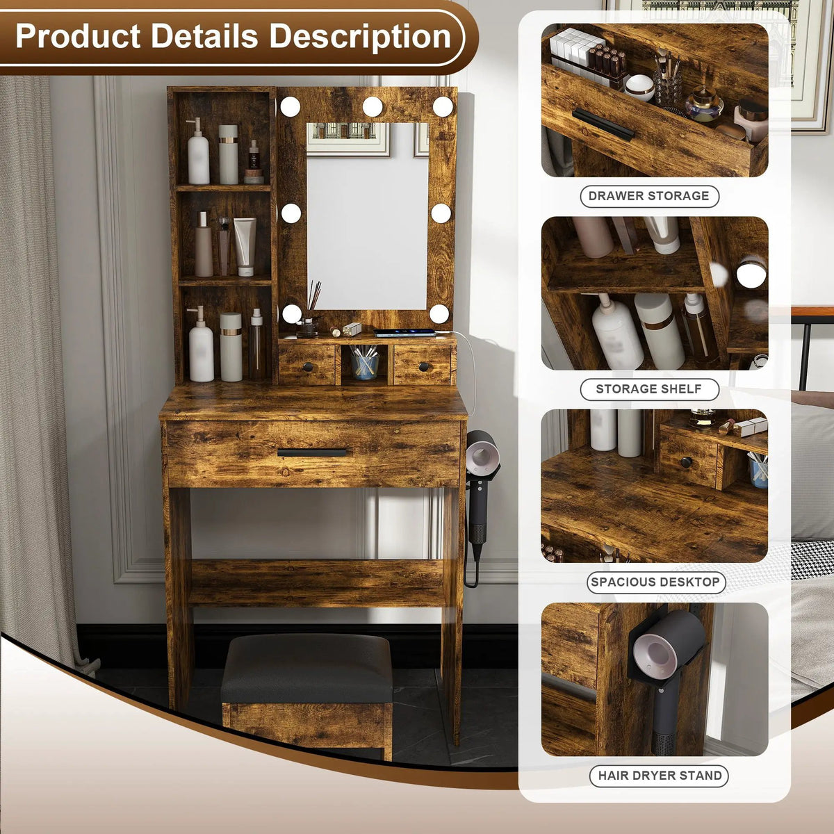 Vanity Table | LED Mirror | Power Outlet | Includes Stool