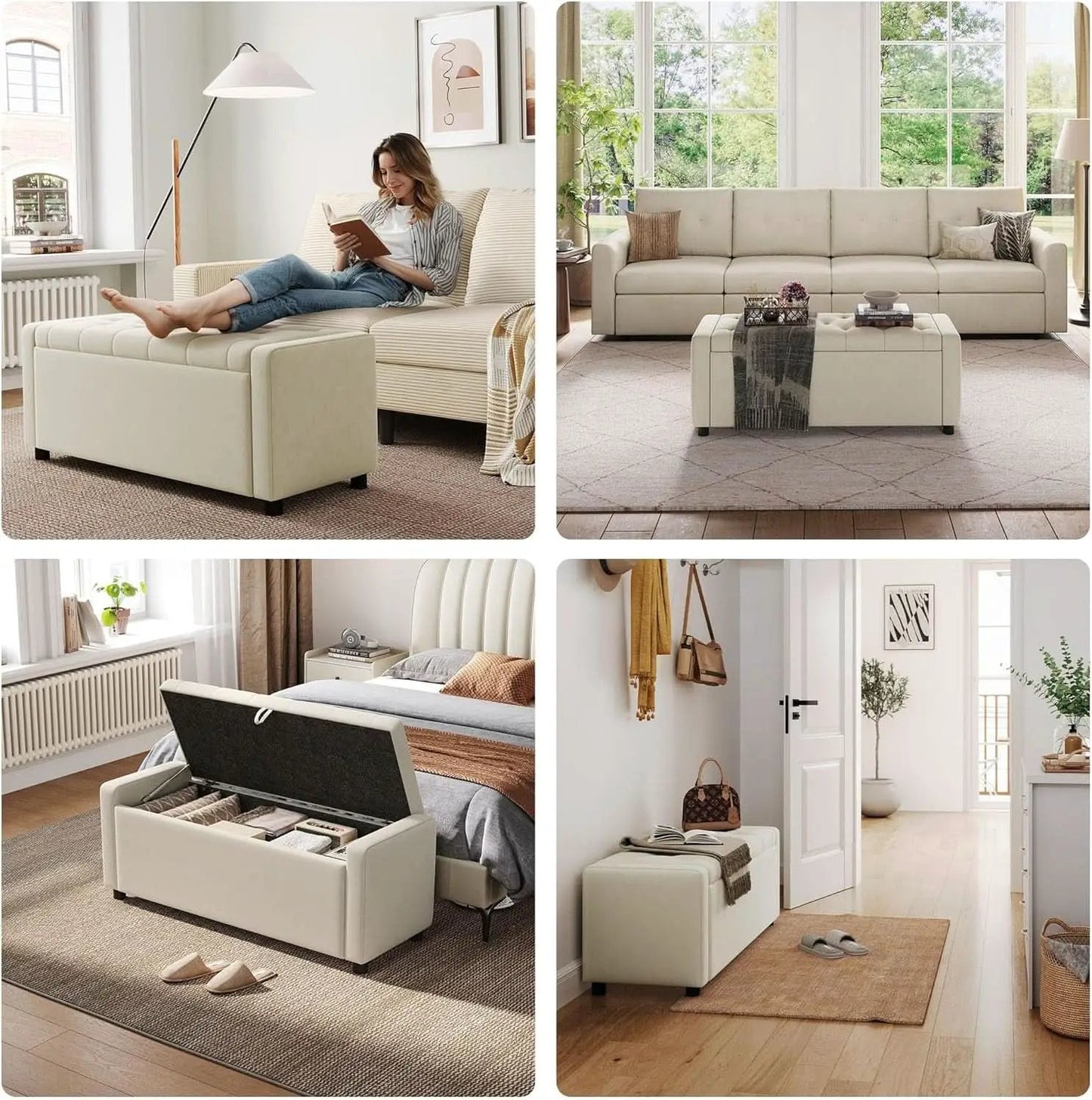 Fifty Inch Upholstered Storage Ottoman Bench Beige from PriceLows™