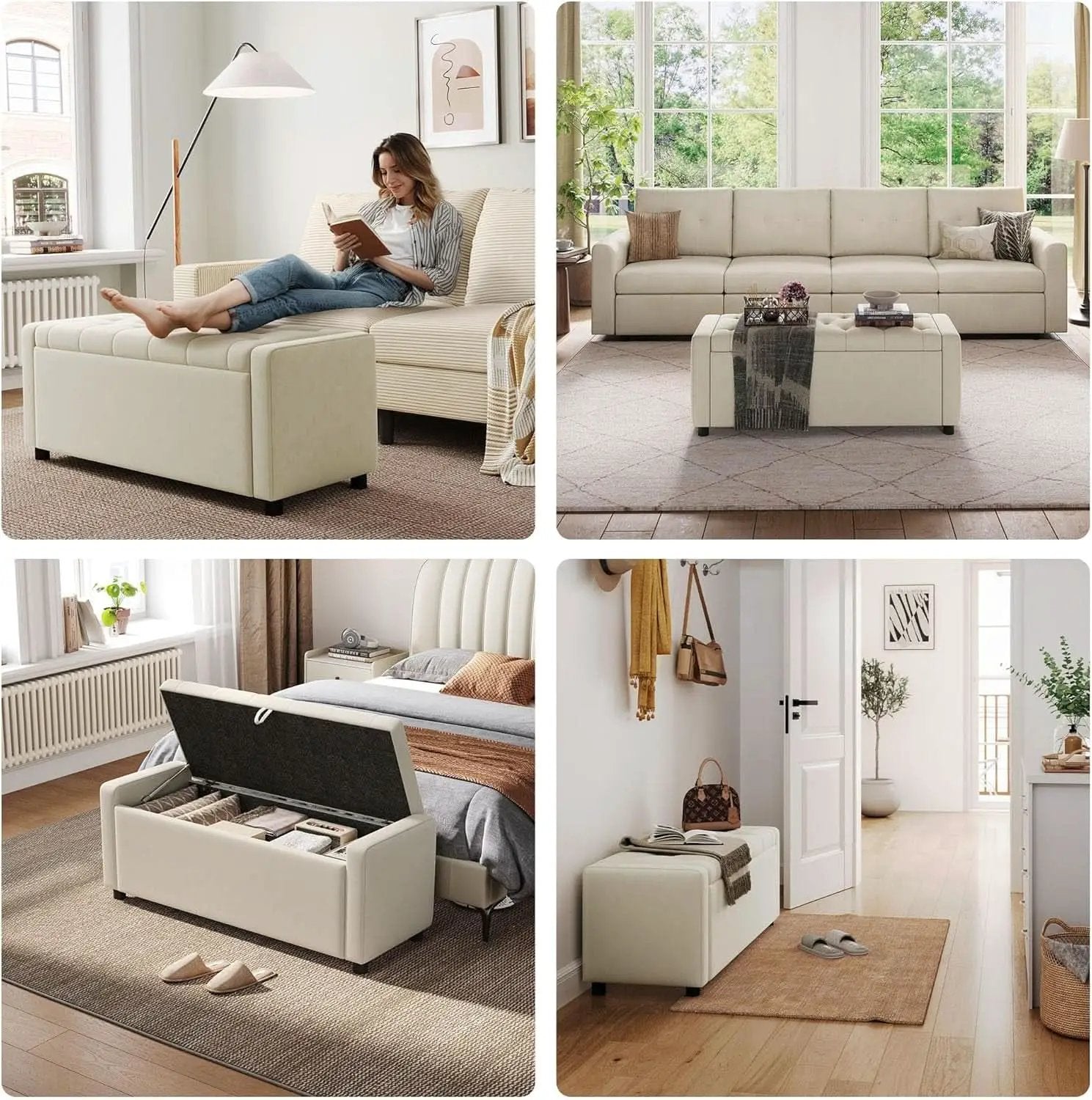 Fifty Inch Upholstered Storage Ottoman Bench Beige from PriceLows™