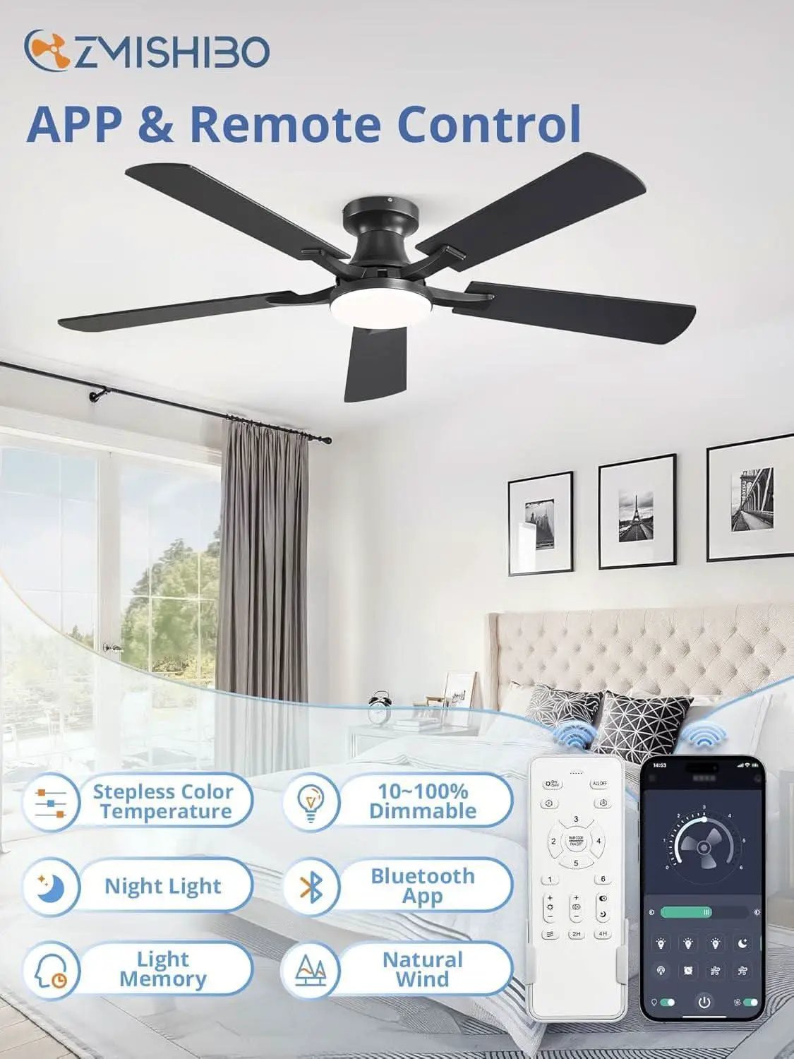 52 Inch Matte Black Ceiling Fan With Dimmable LED Light from PriceLows™