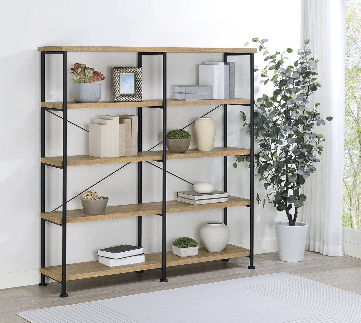 Analiese 63-inch 4-shelf Double Bookshelf Mango Standard Bookcase | 60 x 14.25 x 63 in | Engineered Wood & Metal | Home Office