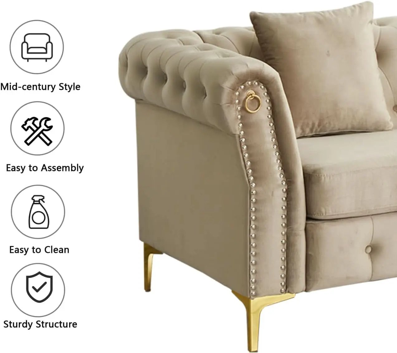 Three Piece Living Room Set Mid Century Sofa Armchair Loveseat Beige With Button Tufting And Nailhead Trim from PriceLows™