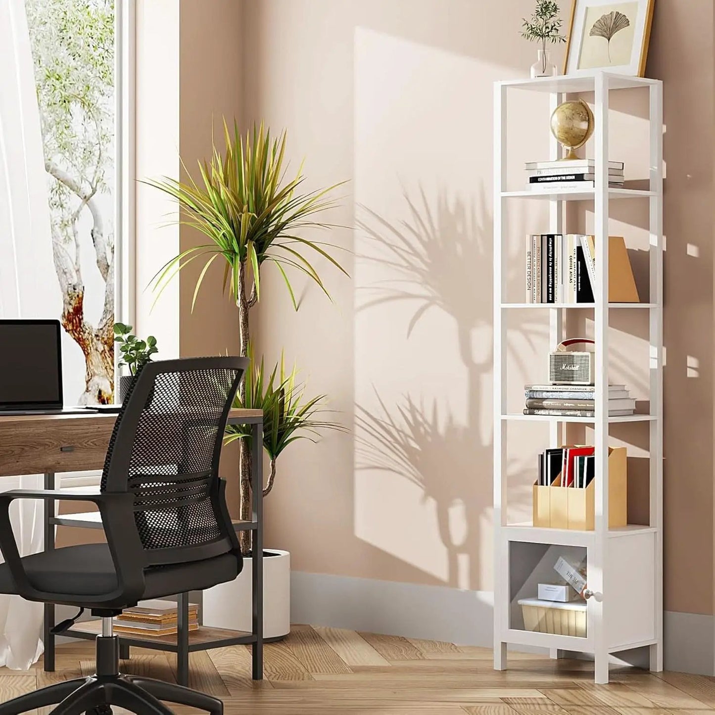 White 6-Tier Narrow Bookshelf With Door For Small Space from PriceLows™