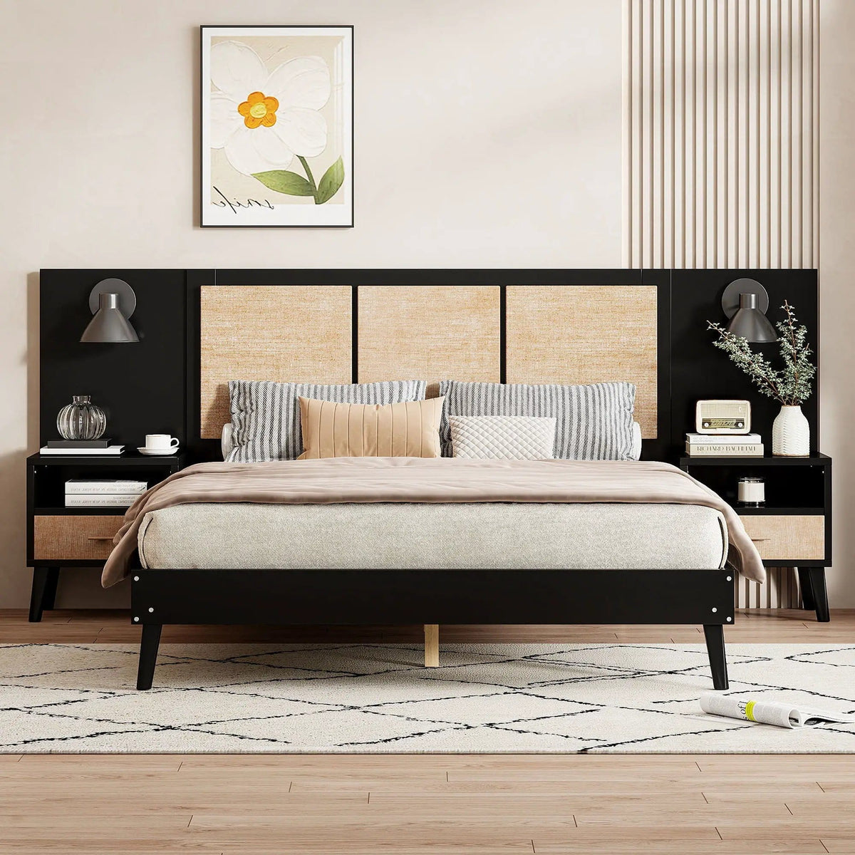 Bed Frame With 2 Nightstands Elegant Design With Lamps 3 Piece Bedroom Set | 84 x 98 x 41.3 in | Solid Wood & Rattan | Bedroom
