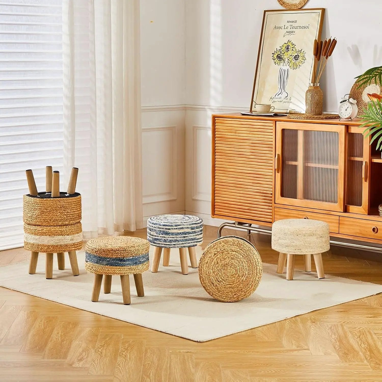 Round Seagrass Ottoman Footstool Handwoven Natural Blue from PriceLows™